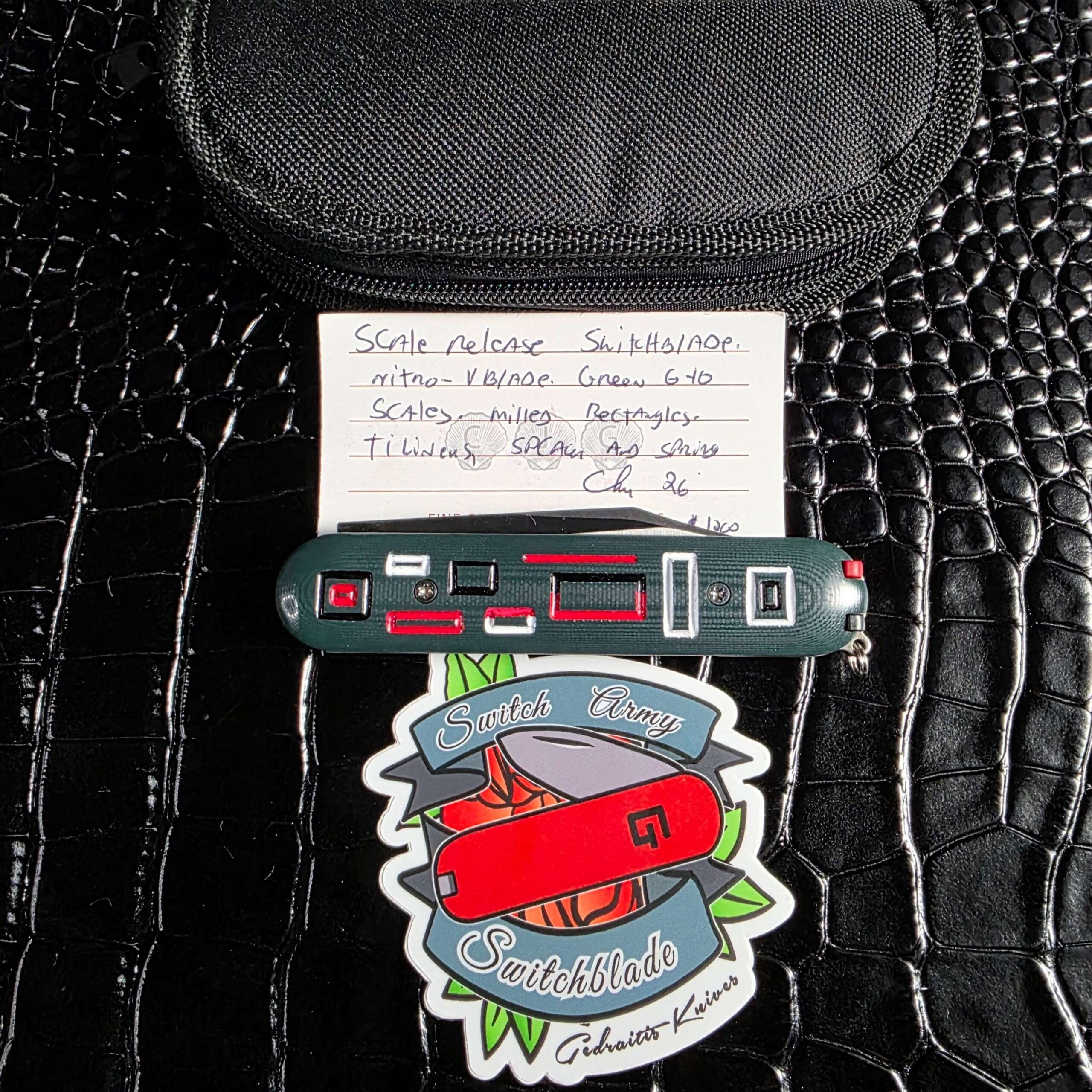 Chuck Gedraitis Switch Army Switchblade with signed Certificate of Authenticity, zippered soft case, and Gedraitis Knives sticker