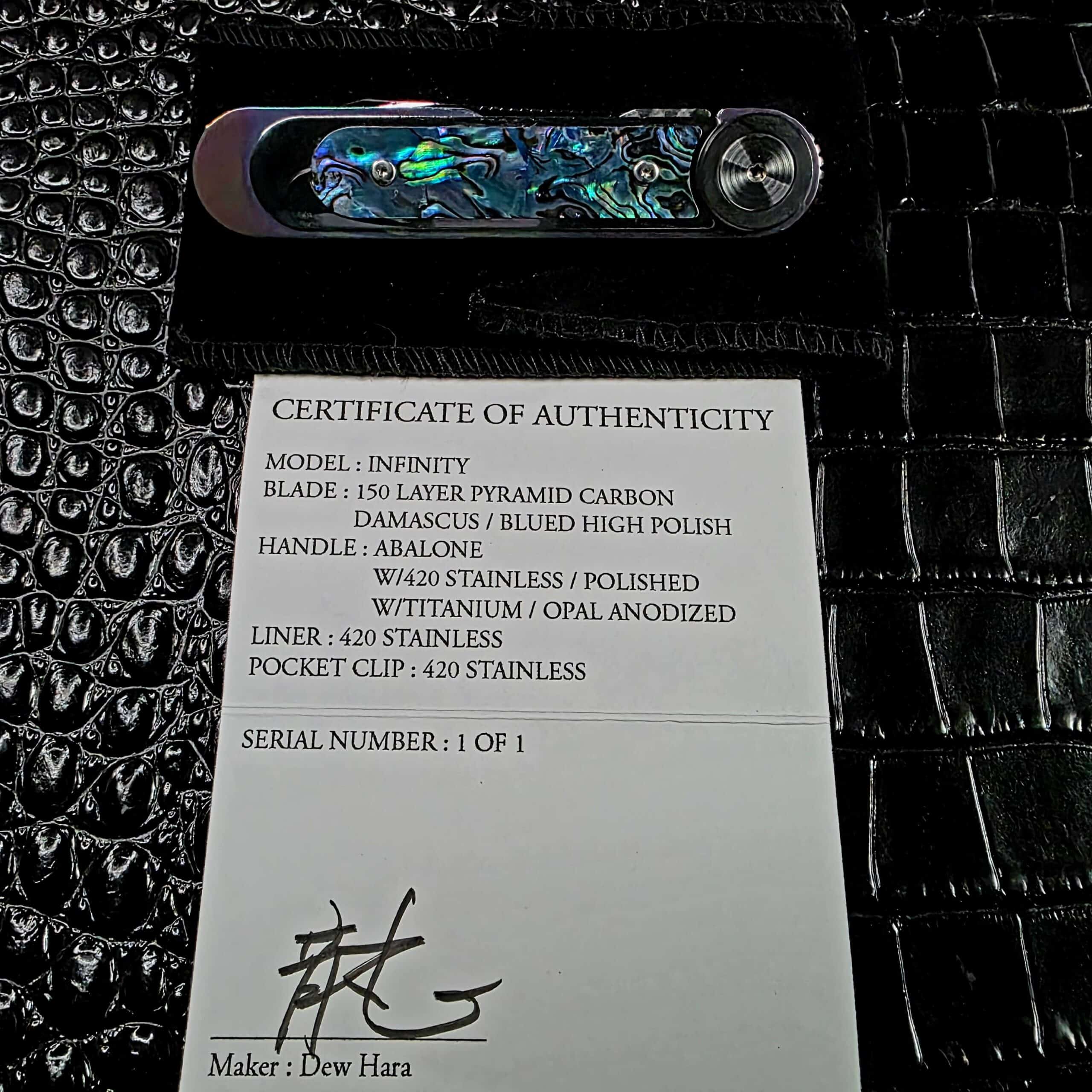 Dew Hara Infinity with its branded pouch and hand-signed Certificate of Authenticity