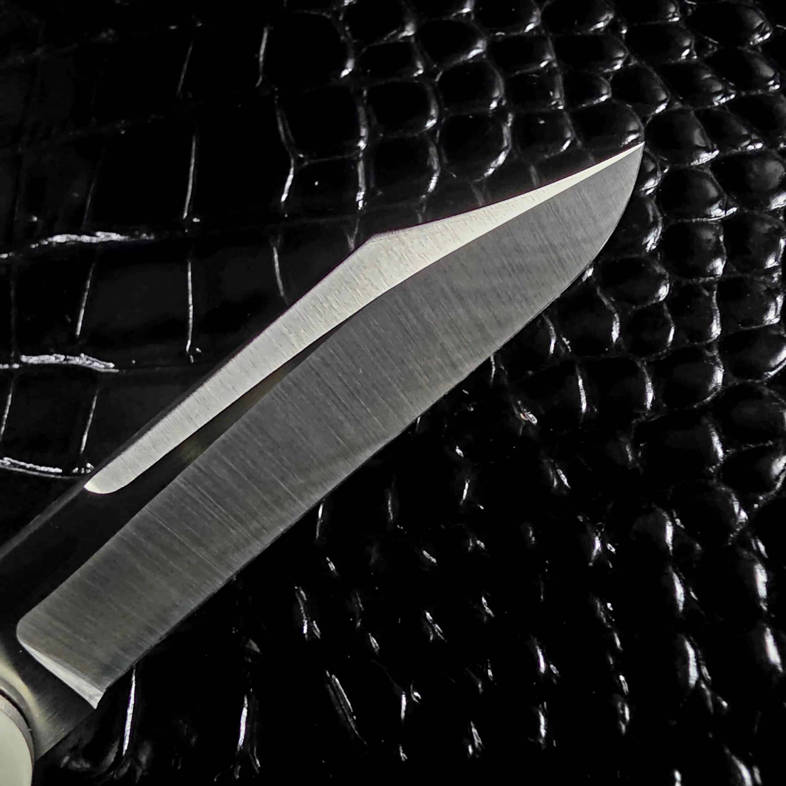 Macro of the flat grind and satin finish on the Nitro-V blade of the Gedraitis Switch Army Retro Edition
