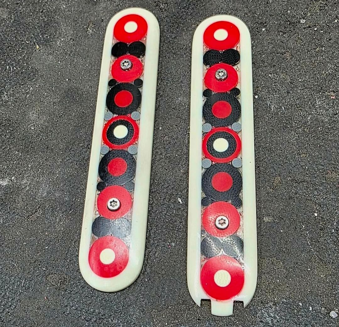 Finished mosaic micarta scale pair for the Chuck Gedraitis Switch Army Retro Edition before assembly