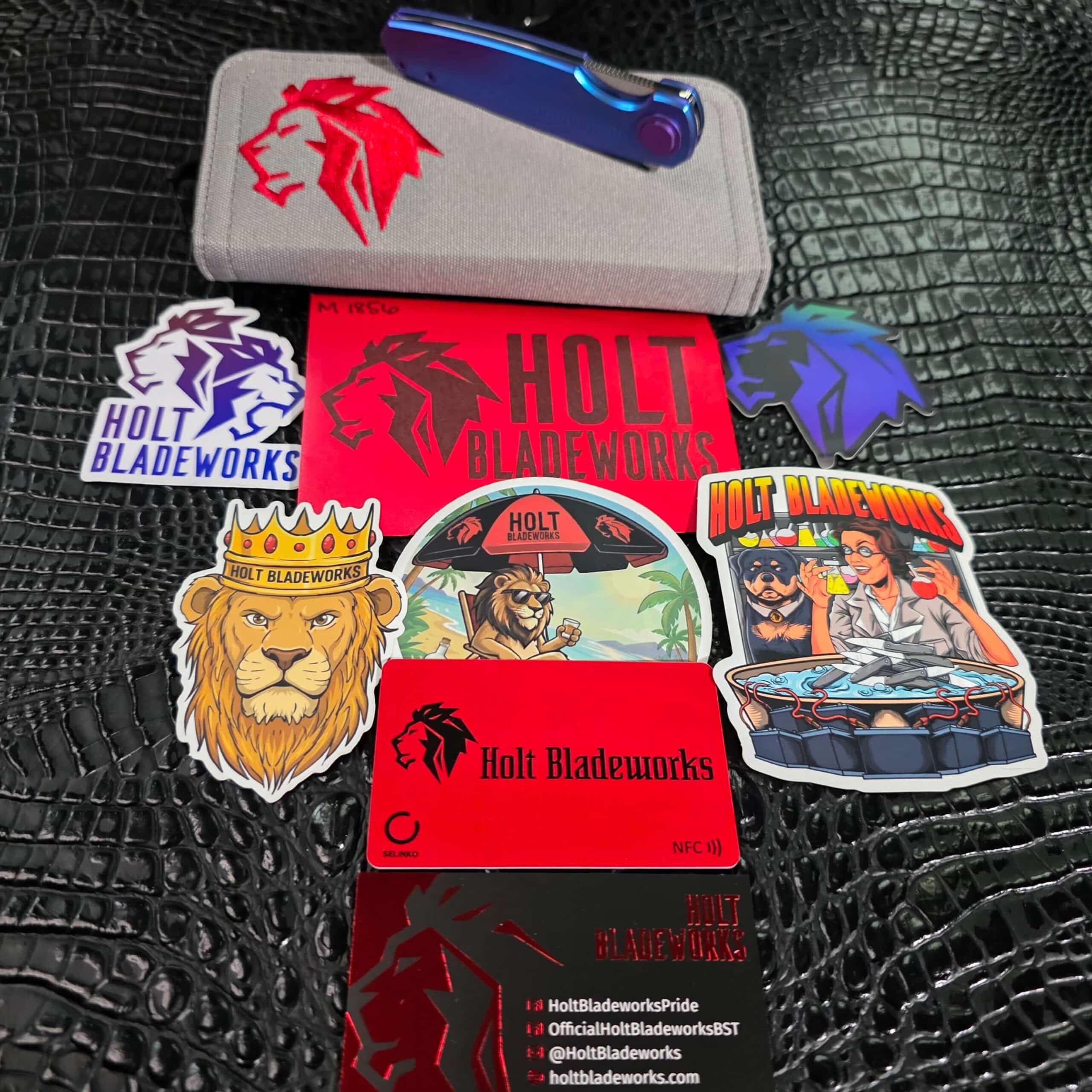 Holt Bladeworks Morpheus #1856 with original zippered pouch, M1856 spec card, Selinko NFC authentication card, business card, and sticker set