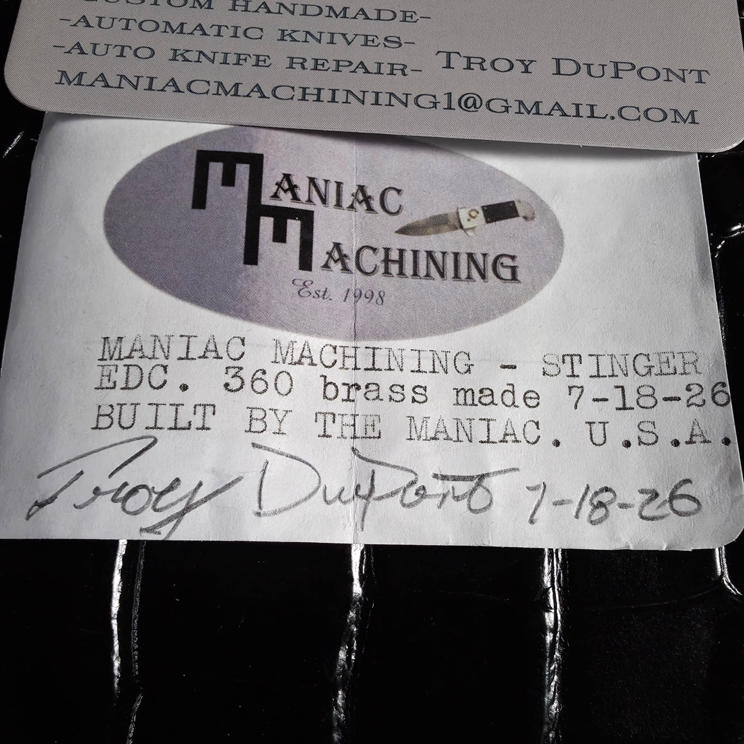 Maniac Machining Certificate of Authenticity for the Stinger EDC signed by Troy DuPont