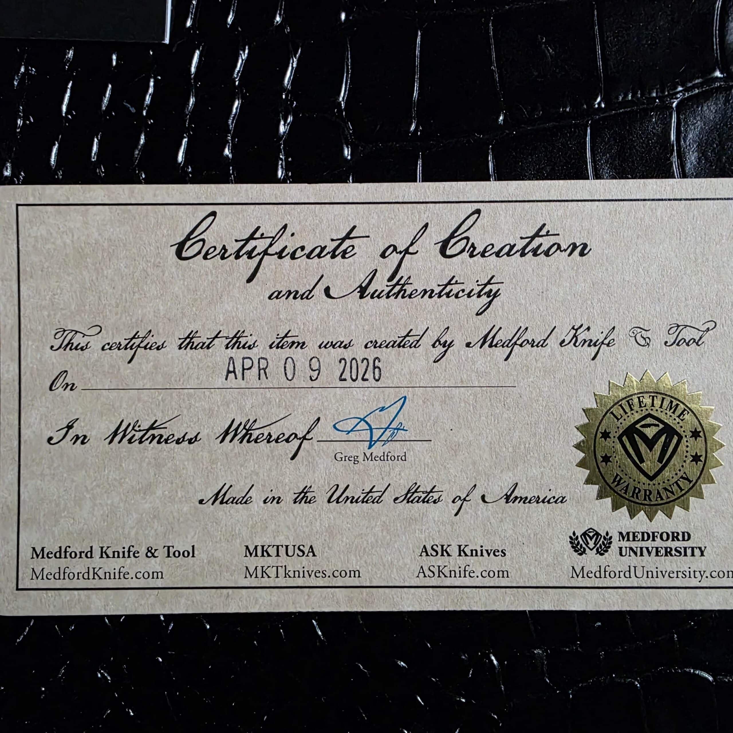 Medford Certificate of Creation and Authenticity dated April 9 2026 and signed by Greg Medford