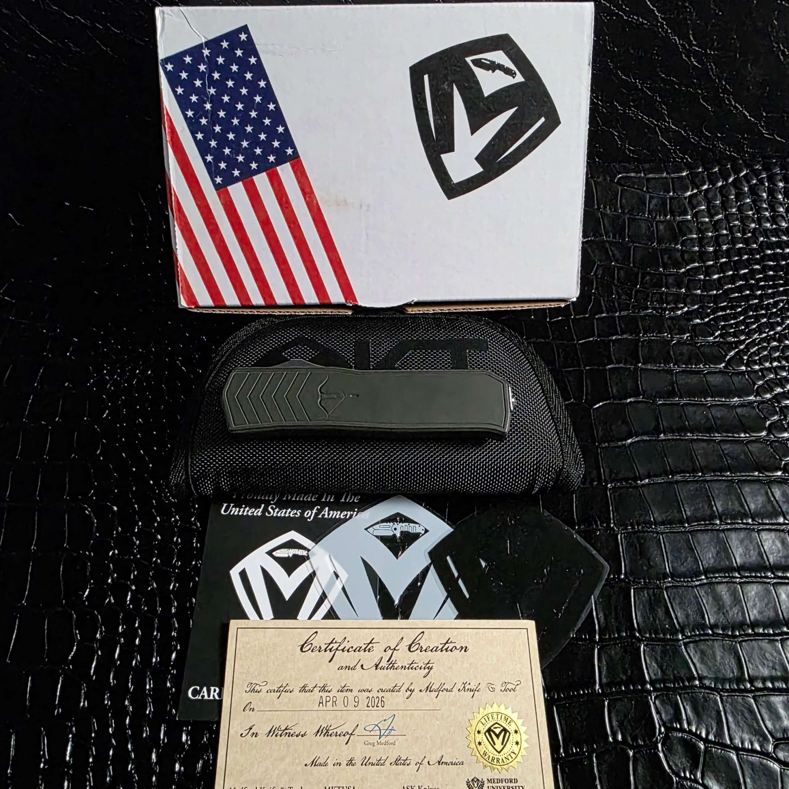 Medford Merc-1 OTF with its factory box, nylon zippered case, decals and certificate
