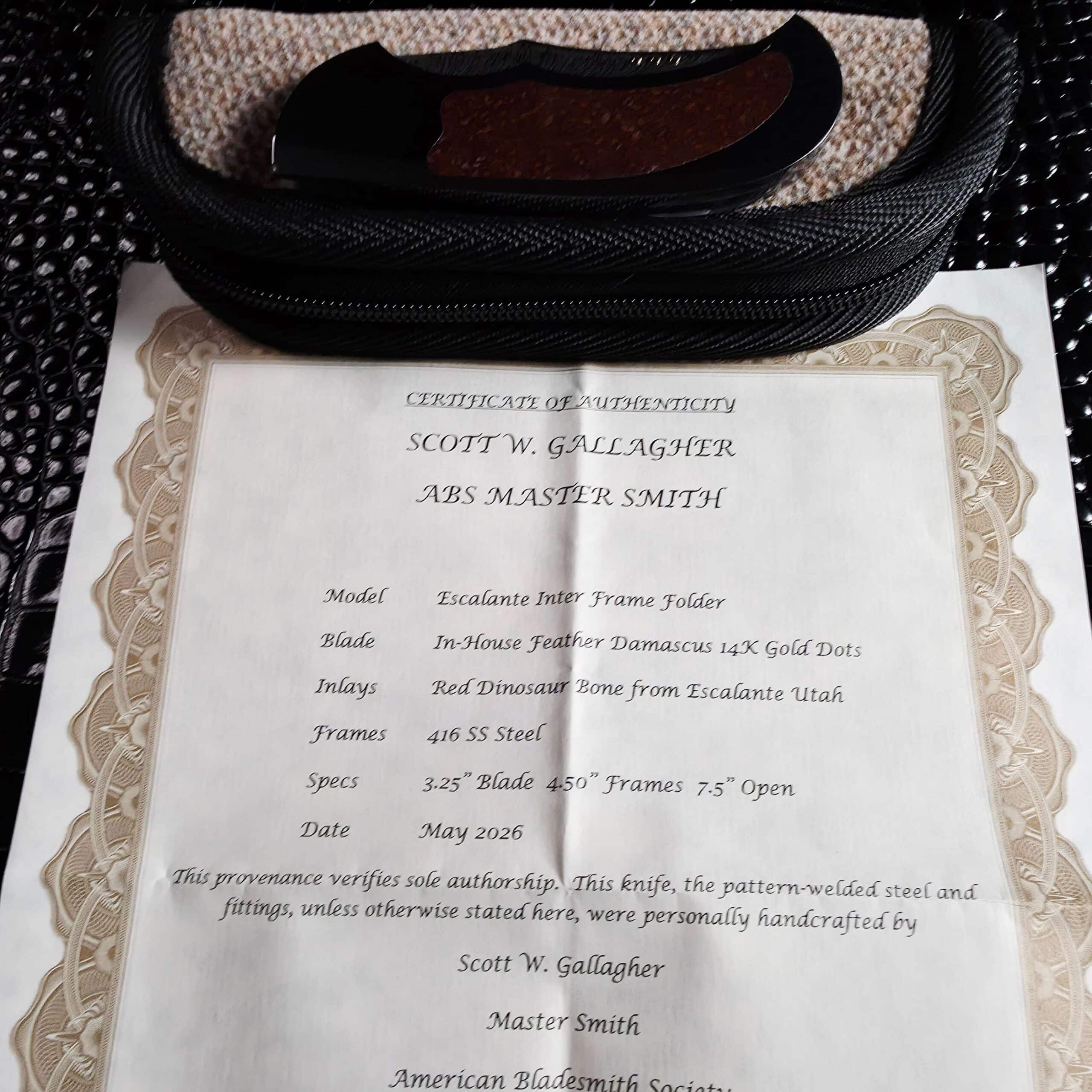 Scott Gallagher Escalante Inter Frame Folder in its soft case with cleaning cloth and signed Certificate of Authenticity