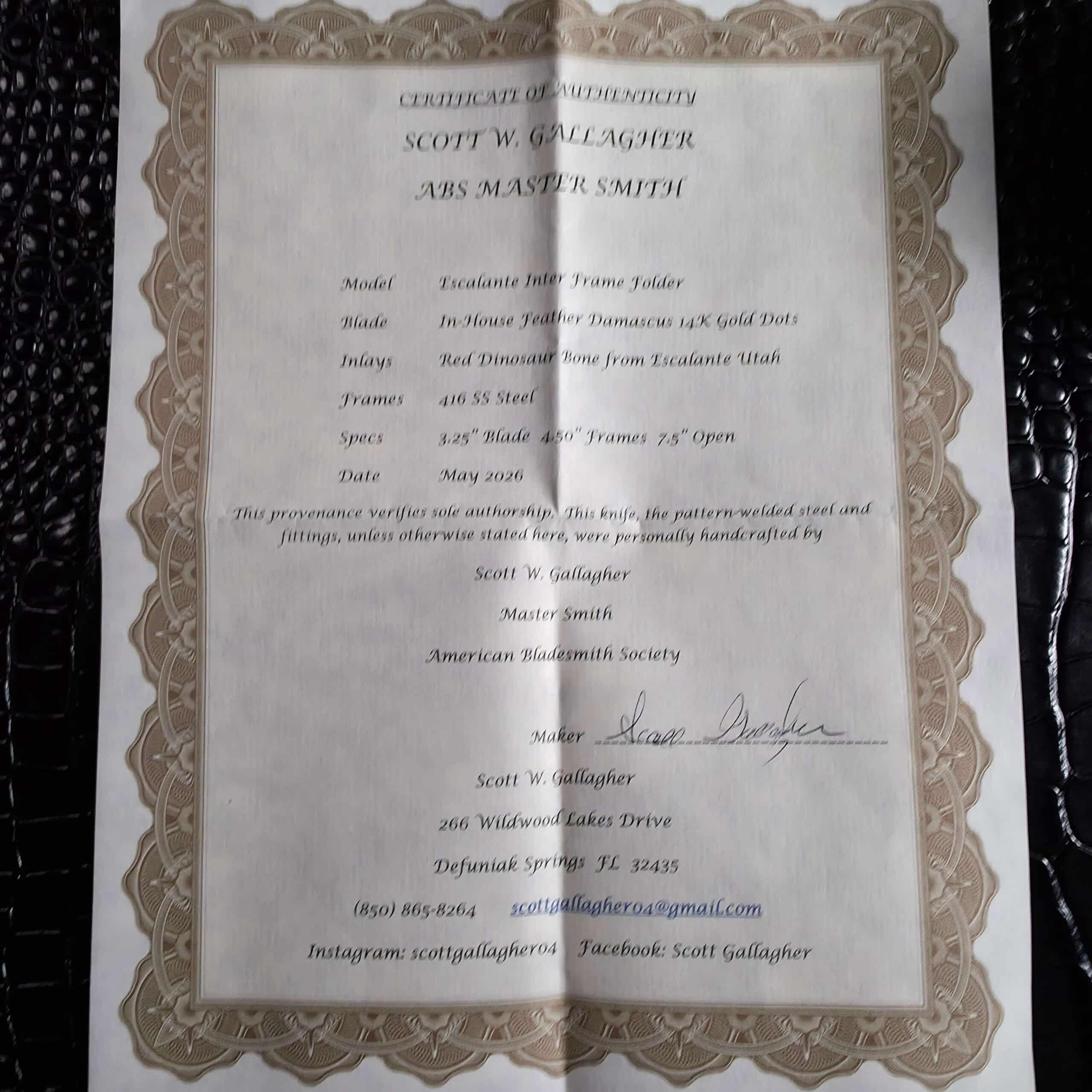 Signed Certificate of Authenticity from ABS Master Smith Scott W. Gallagher for the Escalante Inter Frame Folder