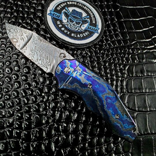 Yan Knives GTC Cabot open show side with Grabak Damasteel blade and full Zircuti scales