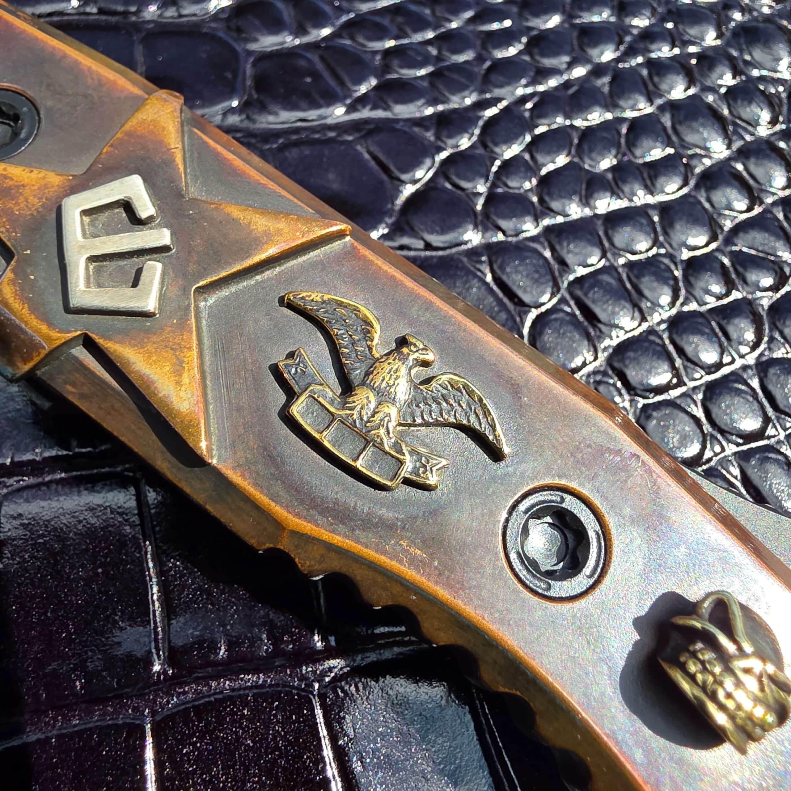 Cast American eagle and Starlingear skull set into the copper of the Blackside Customs Plan B