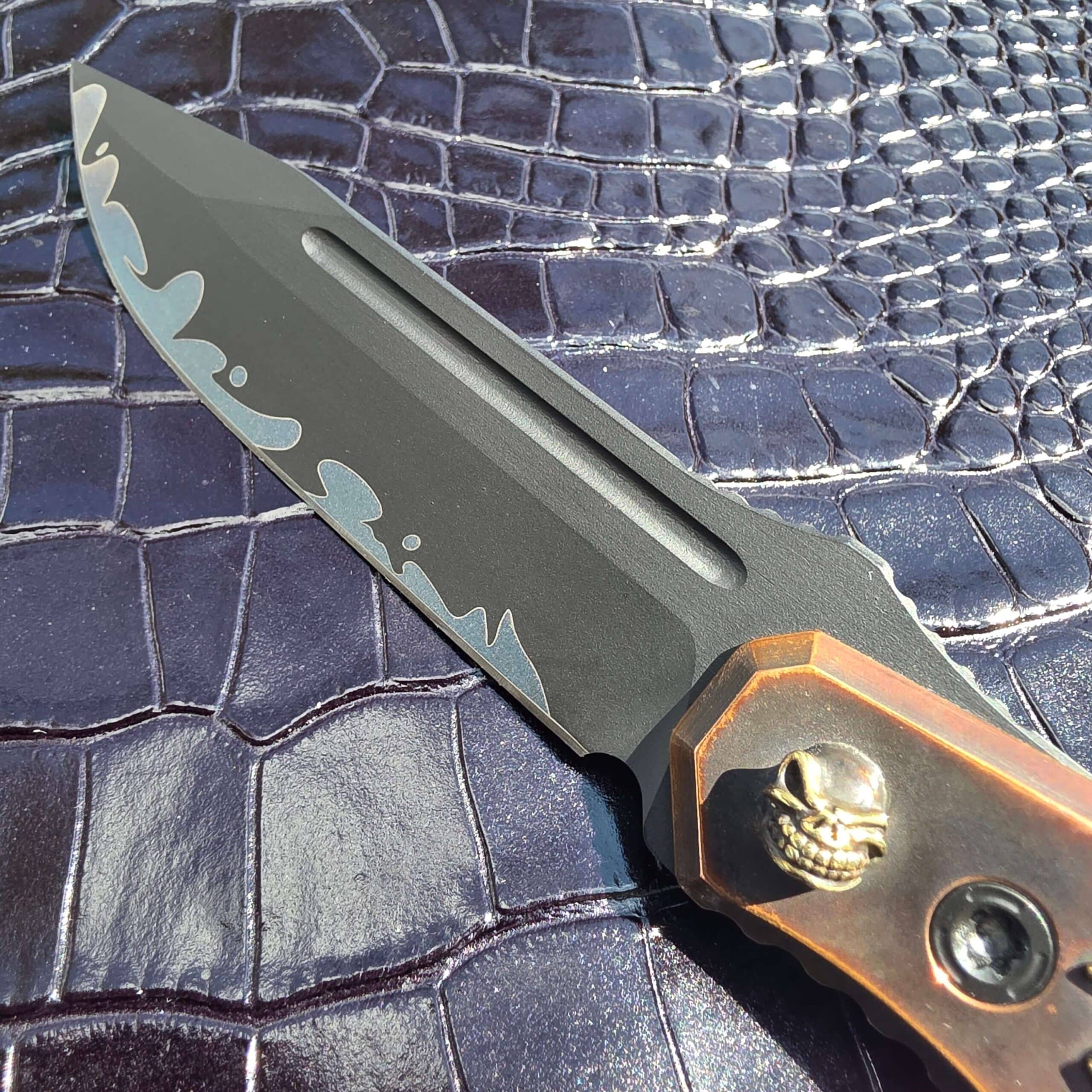 CPM MagnaCut clip point blade with Sumi finish and Suminagashi wave on the Blackside Customs Plan B