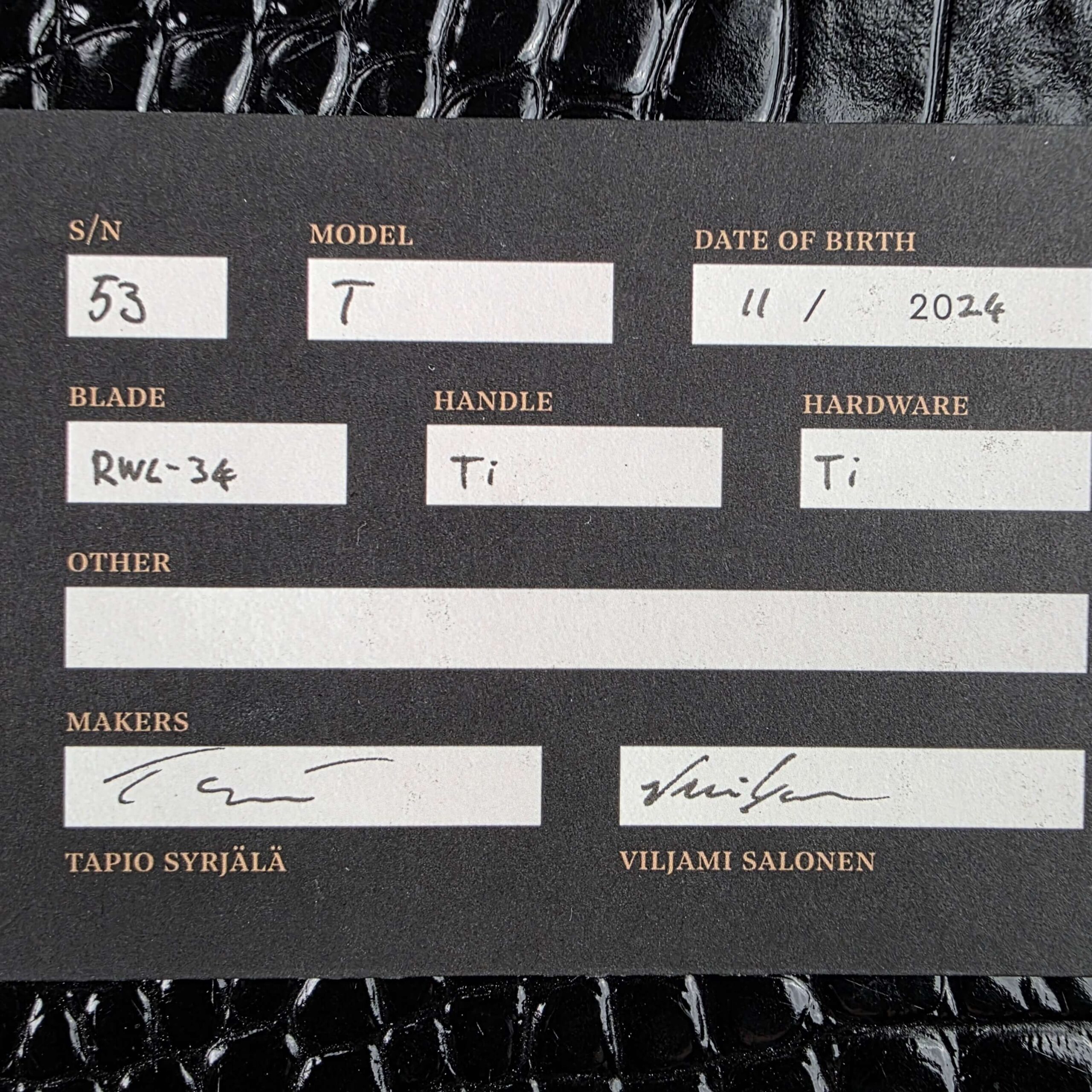 Hog House Certificate of Authenticity for serial 53, signed by Tapio Syrjälä and Viljami Salonen