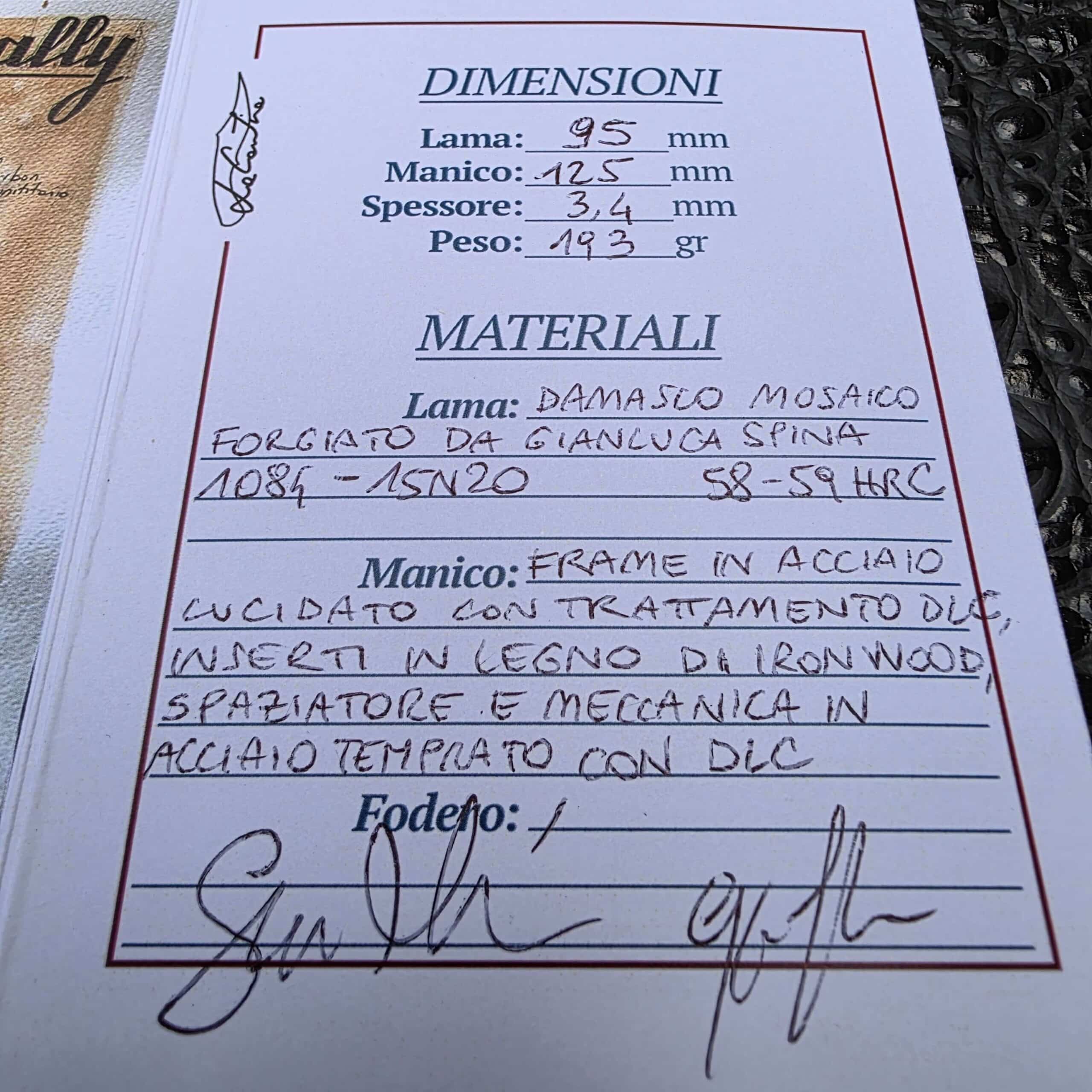Signed La Cantina design card for Sally #453 recording dimensions in millimetres and naming Gianluca Spina as forger
