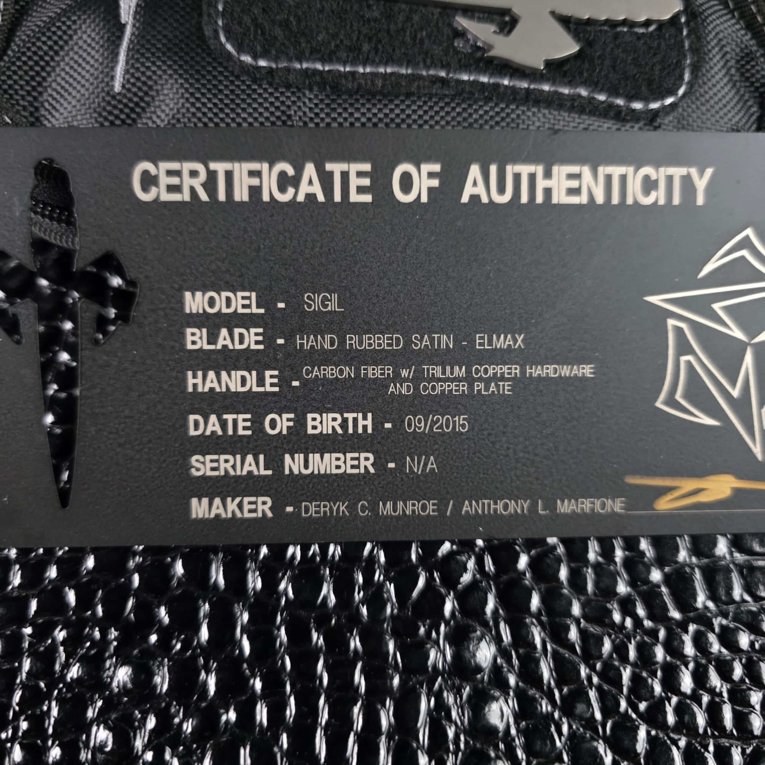 Marfione metal Certificate of Authenticity for the Sigil, naming Deryk C. Munroe and Anthony L. Marfione