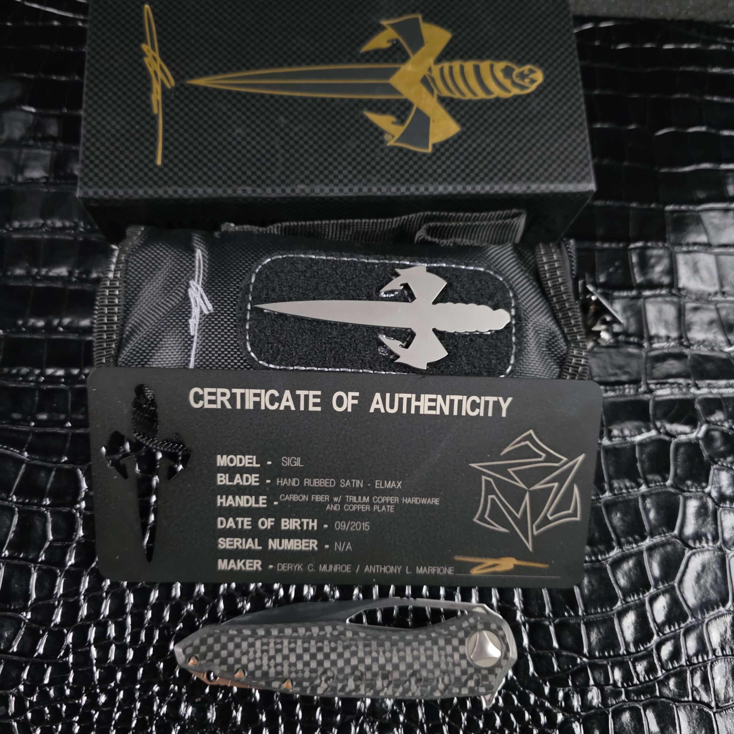 Marfione Custom Sigil with its original box, metal certificate, pouch and dagger patch
