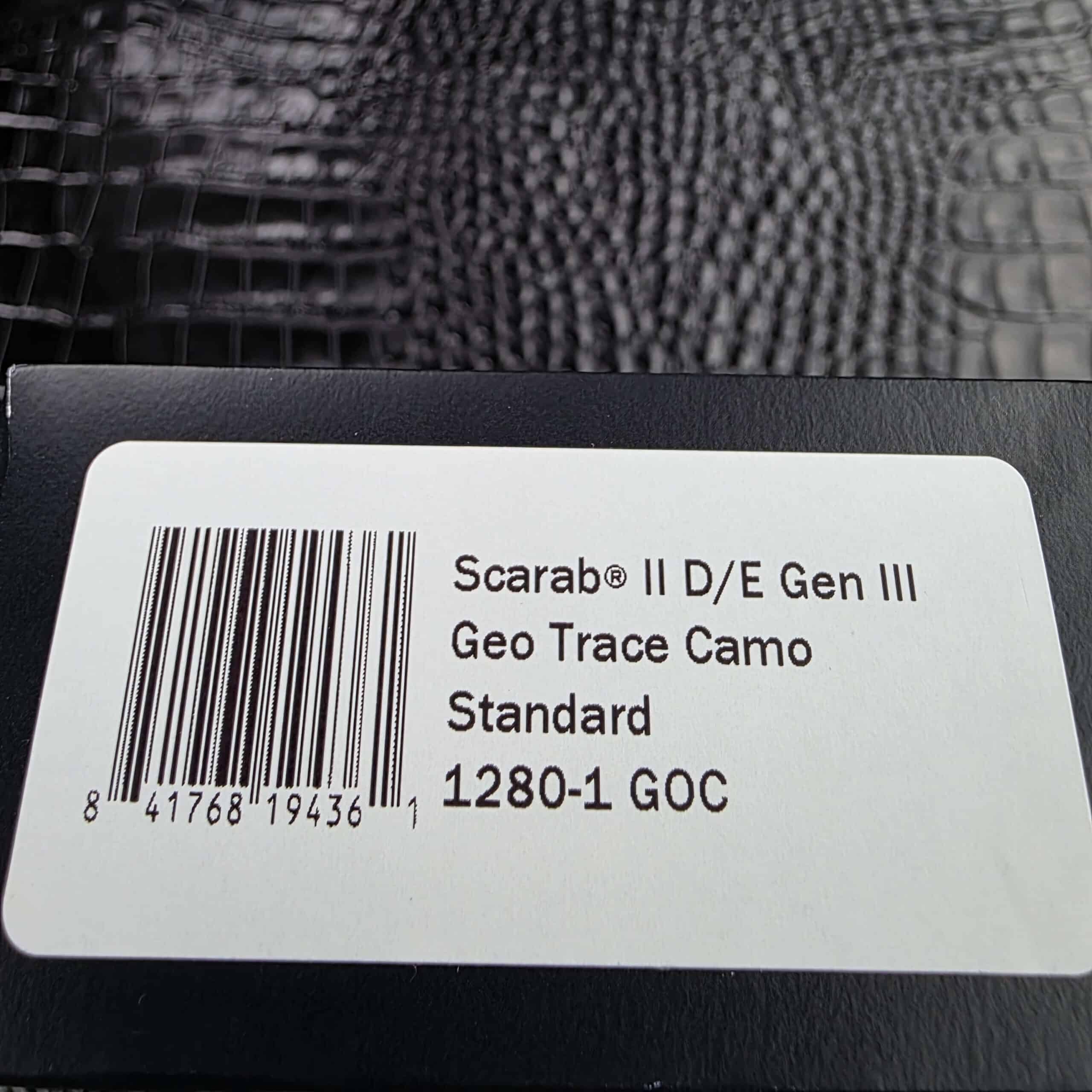 Microtech factory box label reading Scarab II D/E Gen III, Geo Trace Camo, Standard, 1280-1 GOC