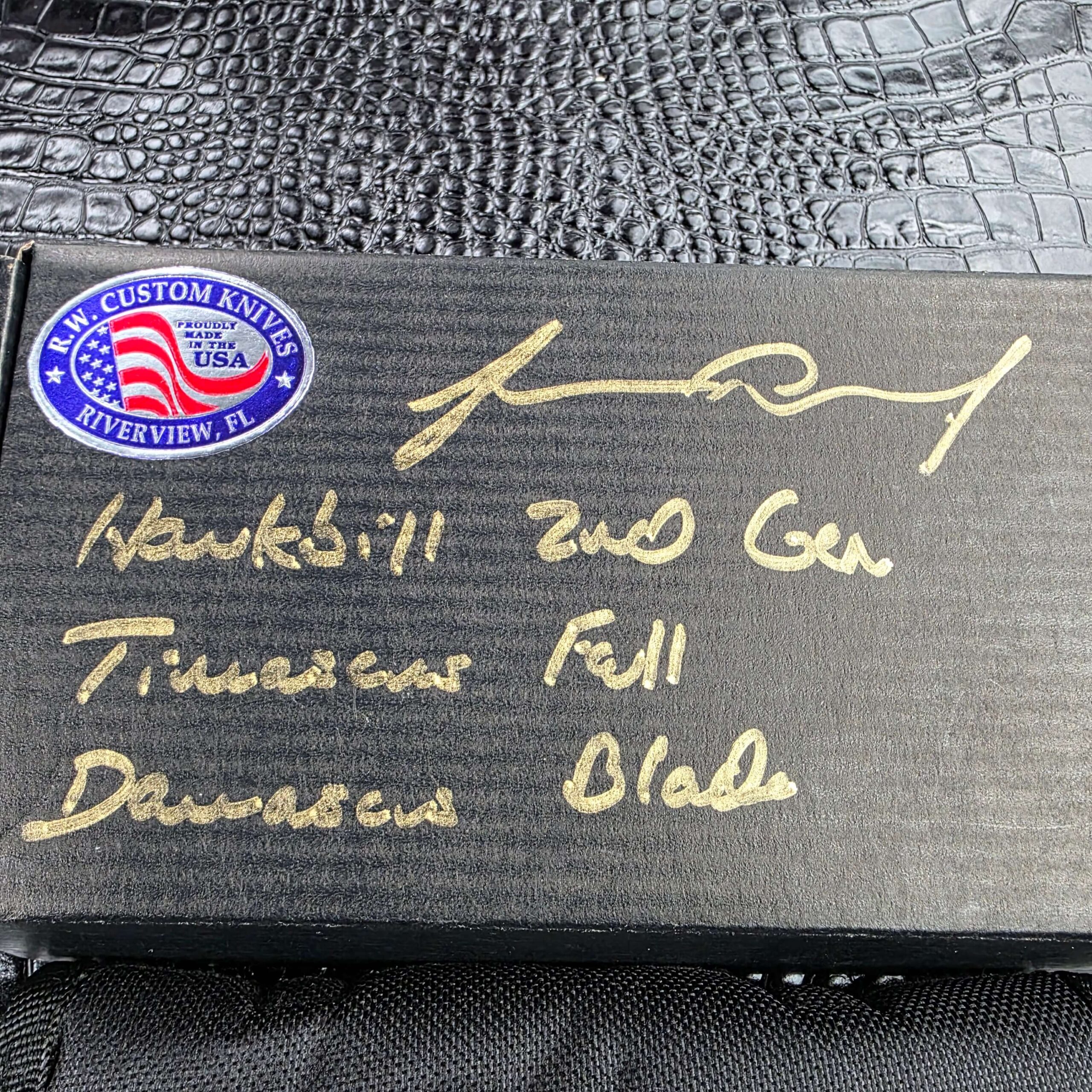 Signed R.W. Custom Knives box label reading Hawkbill 2nd Gen, Timascus Full, Damascus Blade