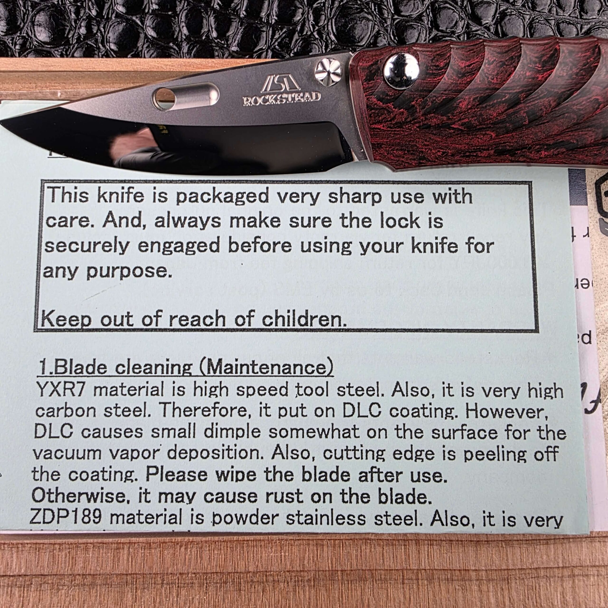 Rockstead maintenance card supplied with the NEHAN, covering blade cleaning and care