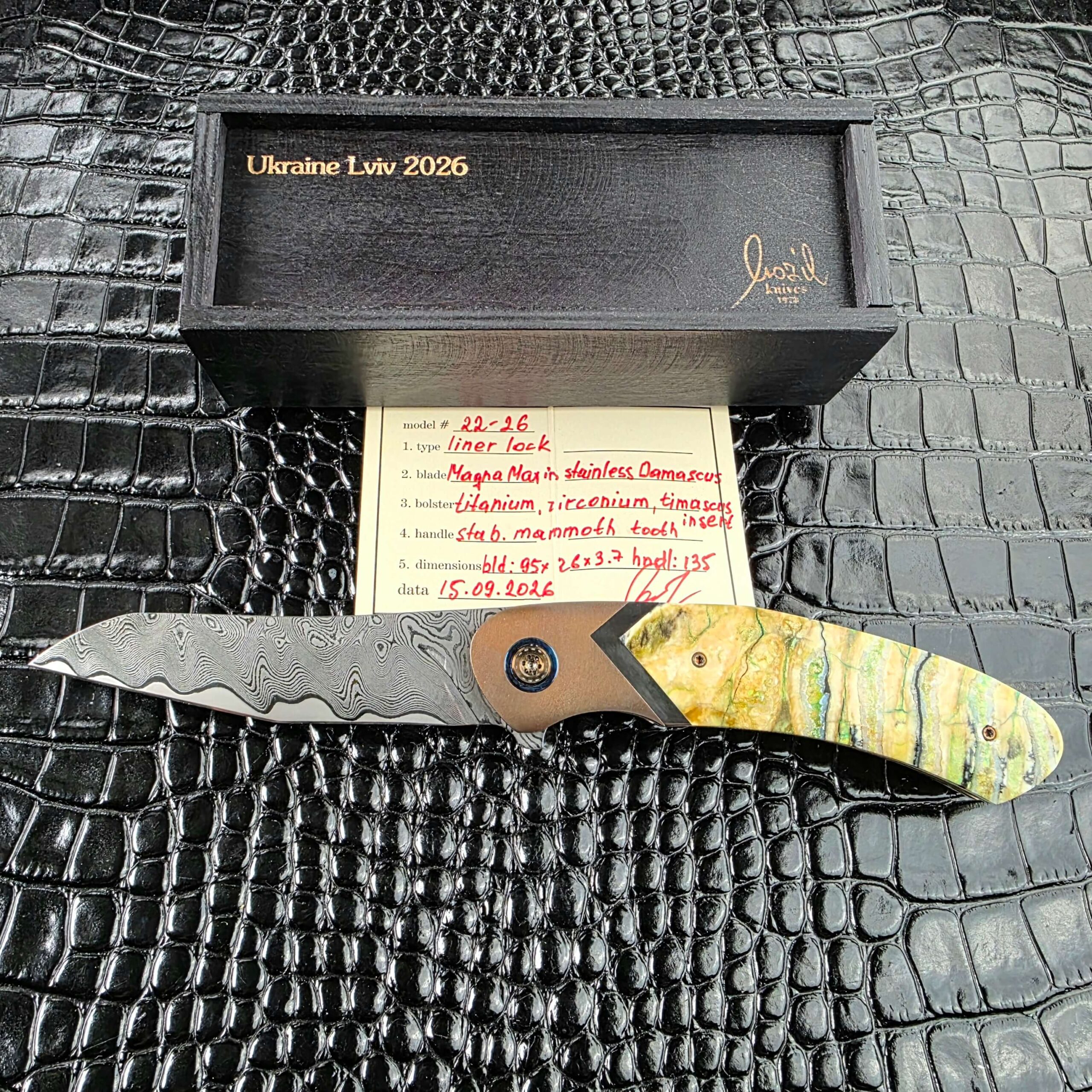 Andriy Mozil Model 22-26 Custom with its wooden box and handwritten specification card