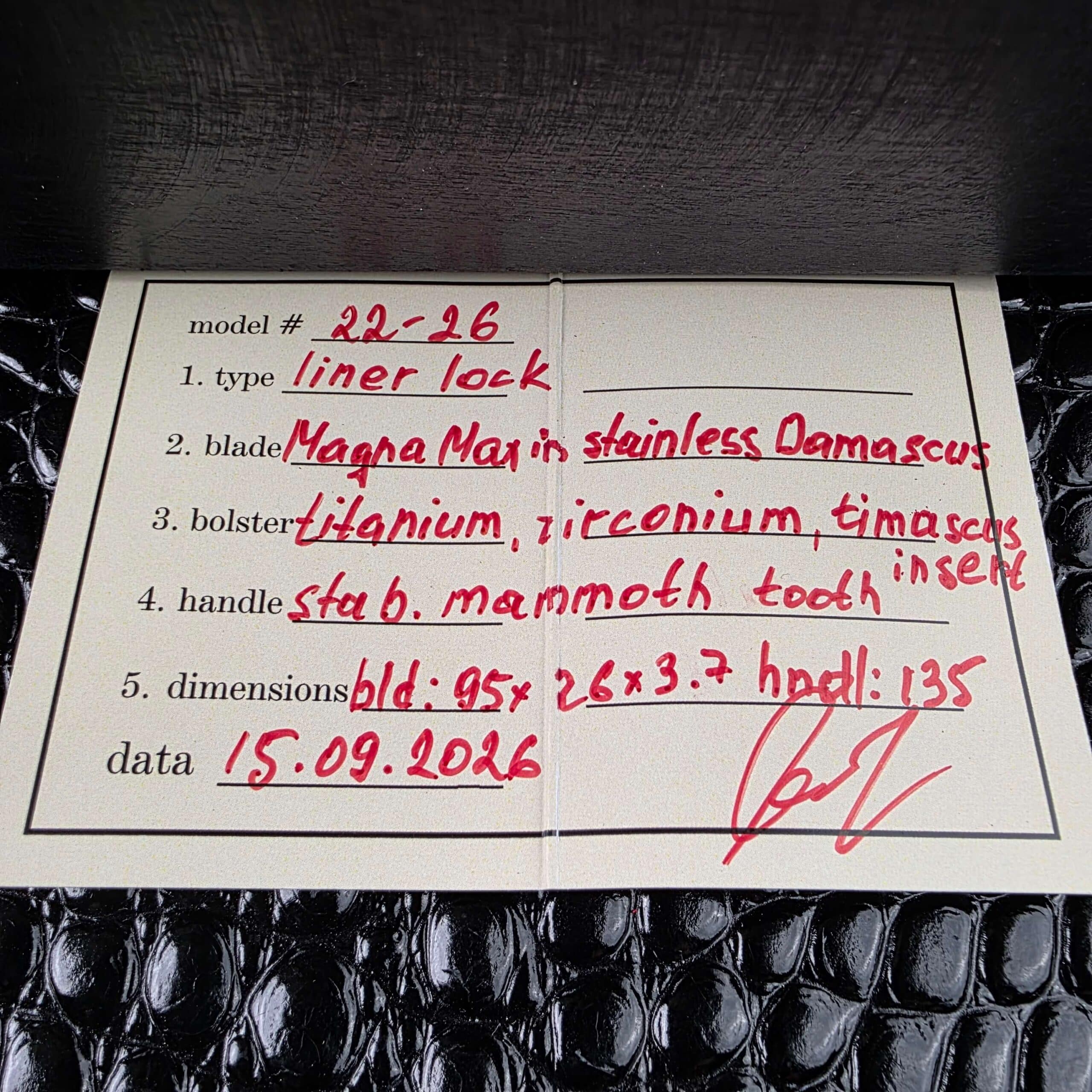 Handwritten and signed specification card for the Andriy Mozil Model 22-26 Custom