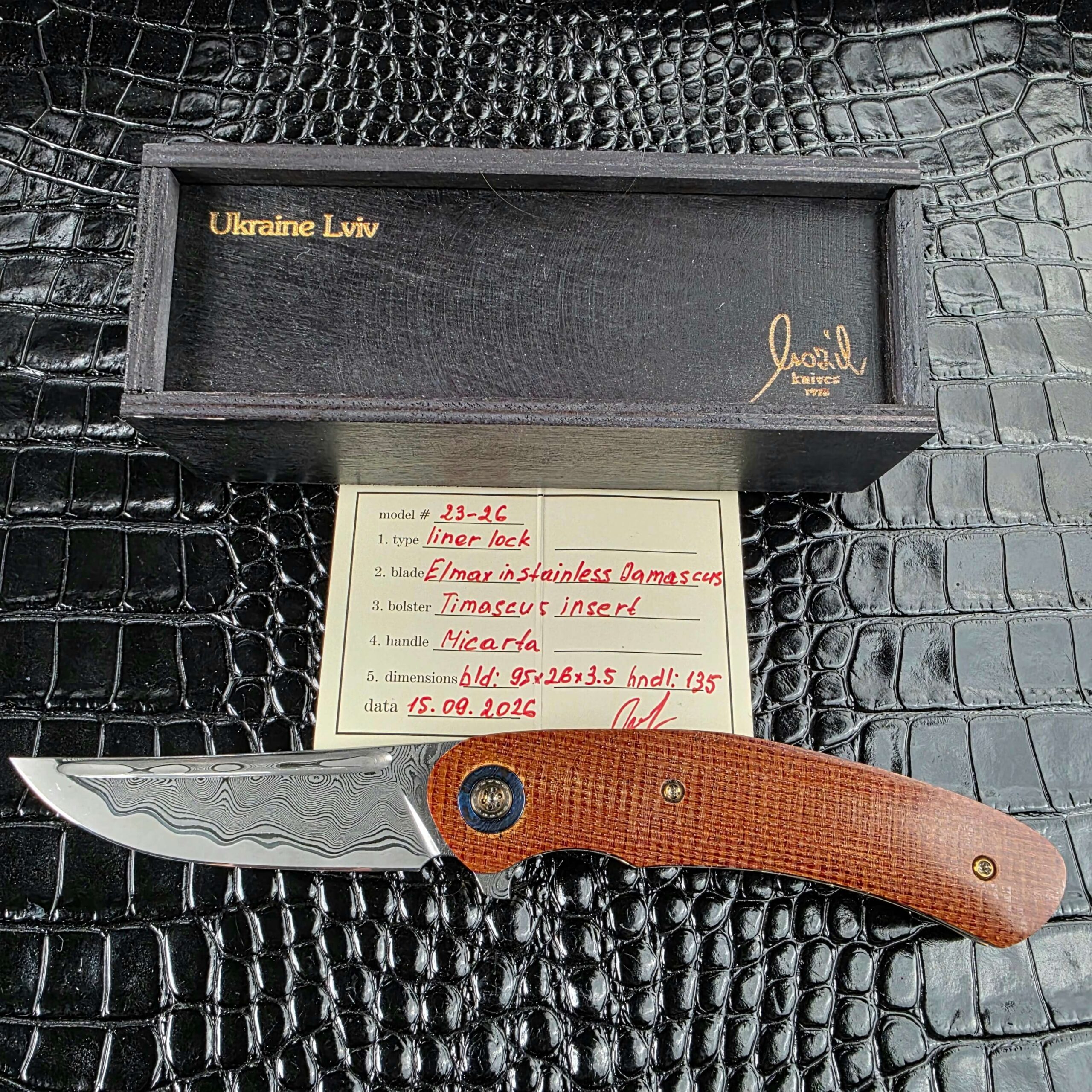 Andriy Mozil Model 23-26 with its signed wooden box branded Ukraine Lviv and handwritten card