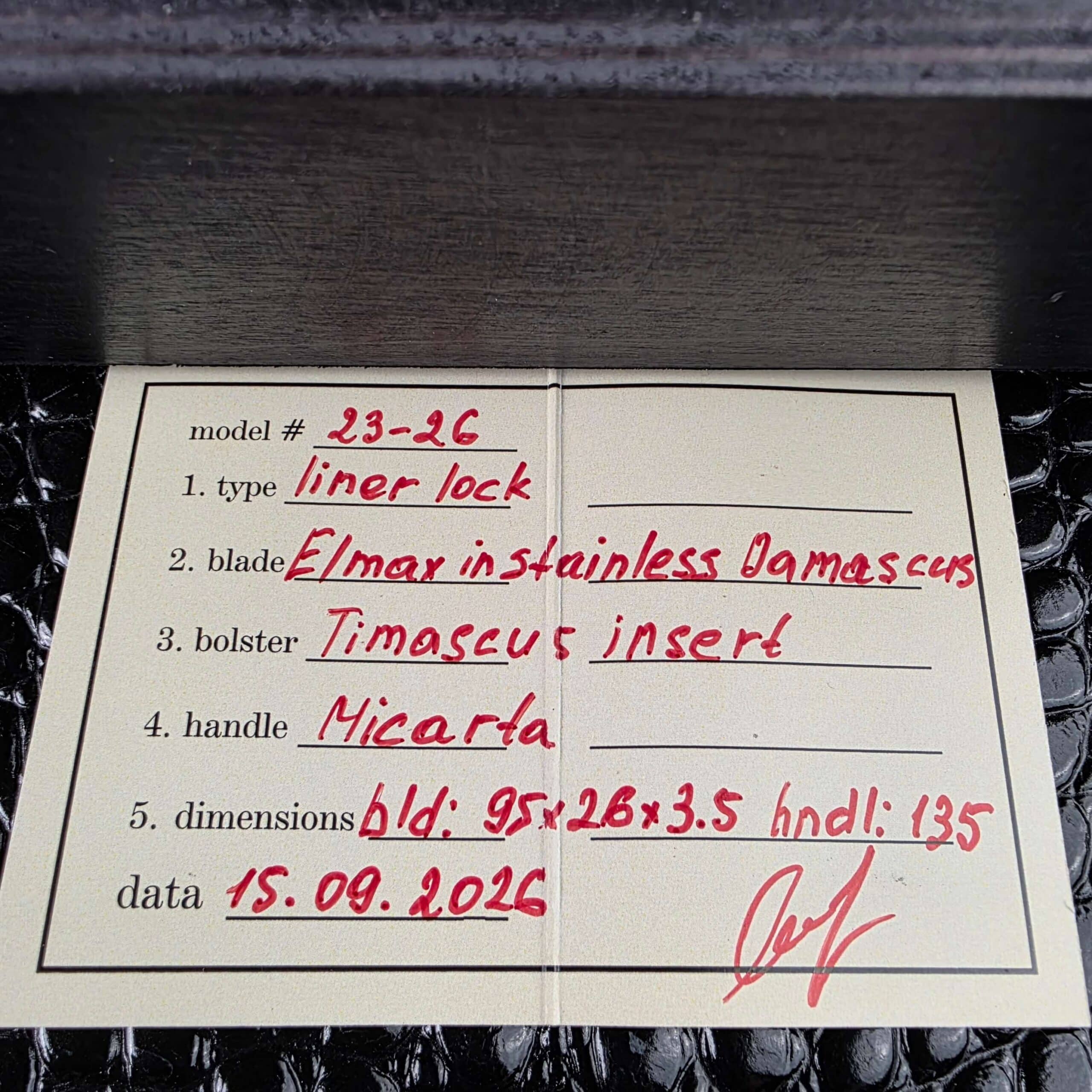 Handwritten and signed specification card for the Andriy Mozil Model 23-26