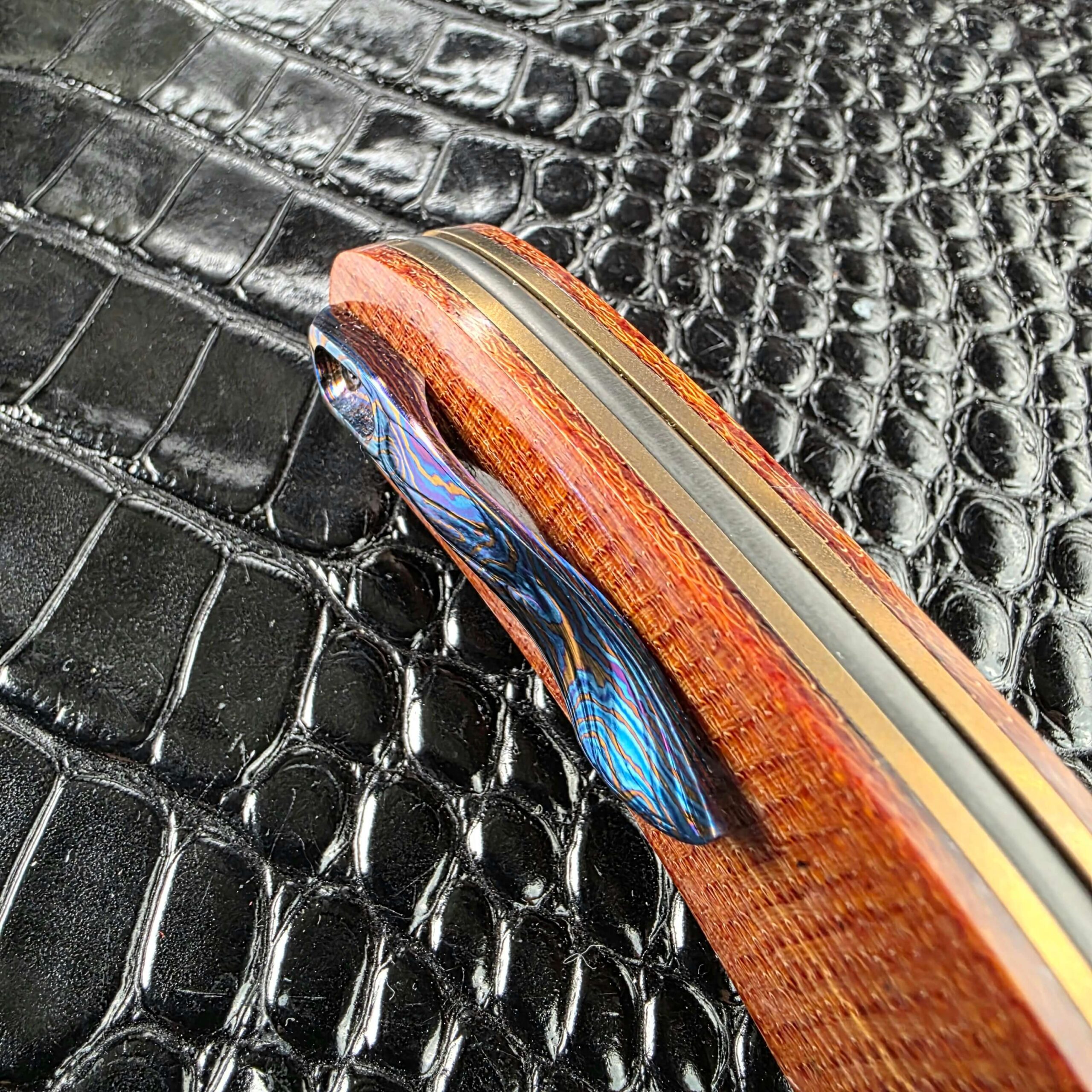 Timascus bolster insert in blue, gold and violet on the Andriy Mozil Model 23-26