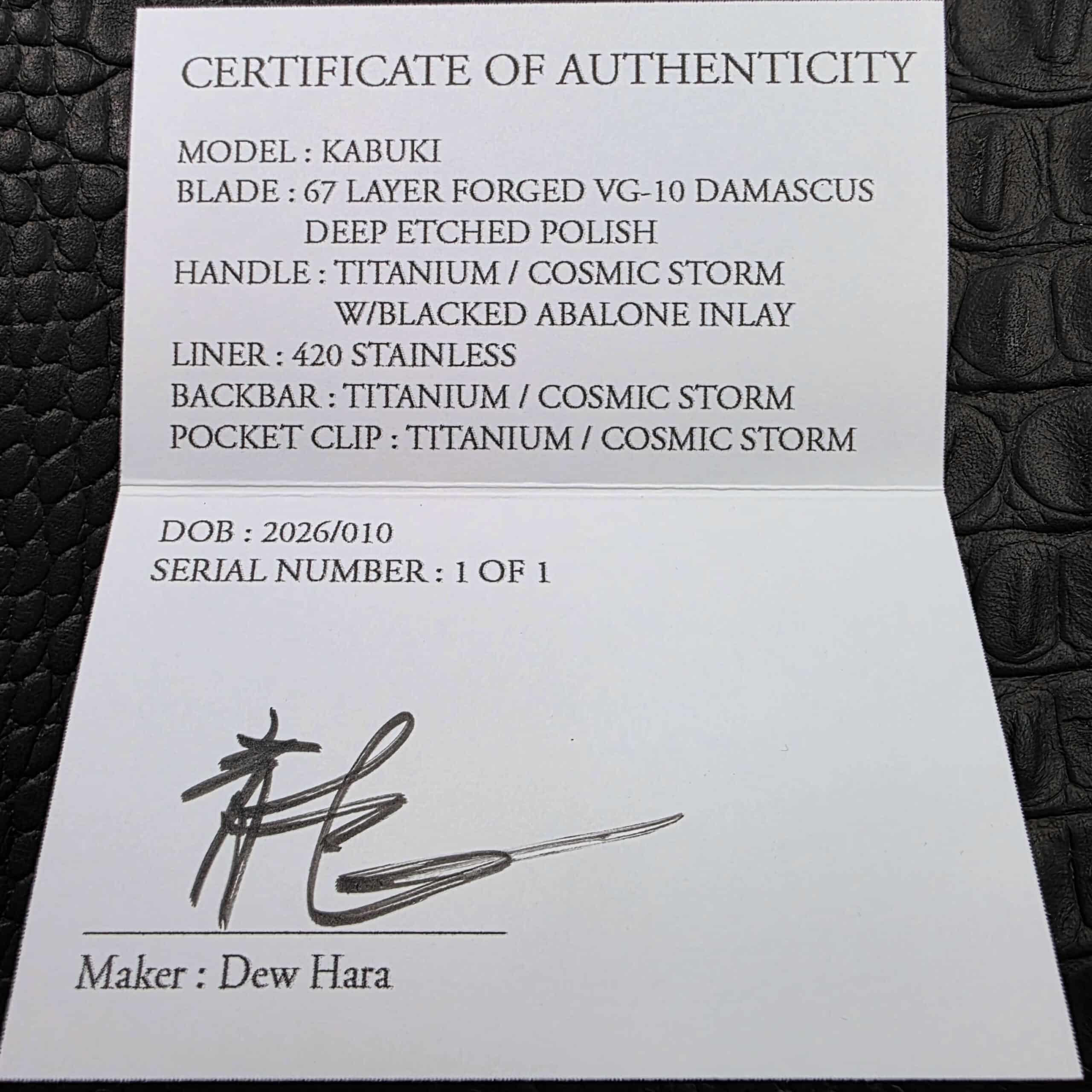 Dew Hara Certificate of Authenticity for the Kabuki, Serial Number 1 of 1