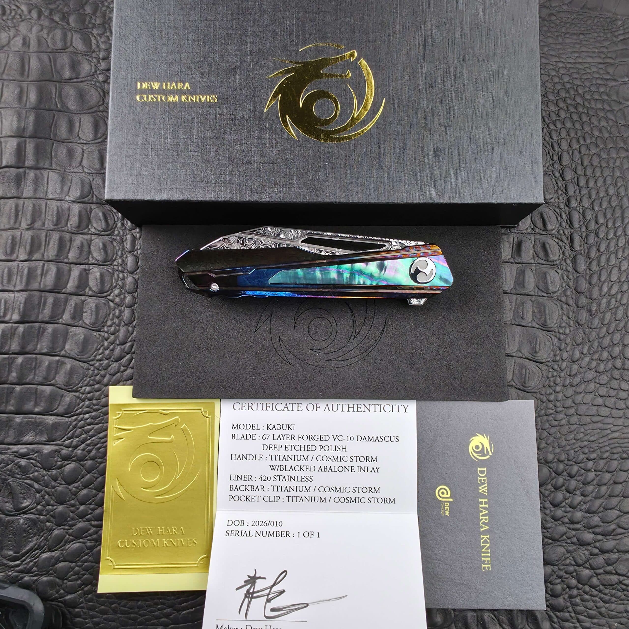 Dew Hara Kabuki with its Dew Hara Custom Knives box, Certificate of Authenticity, gold decal and contact card