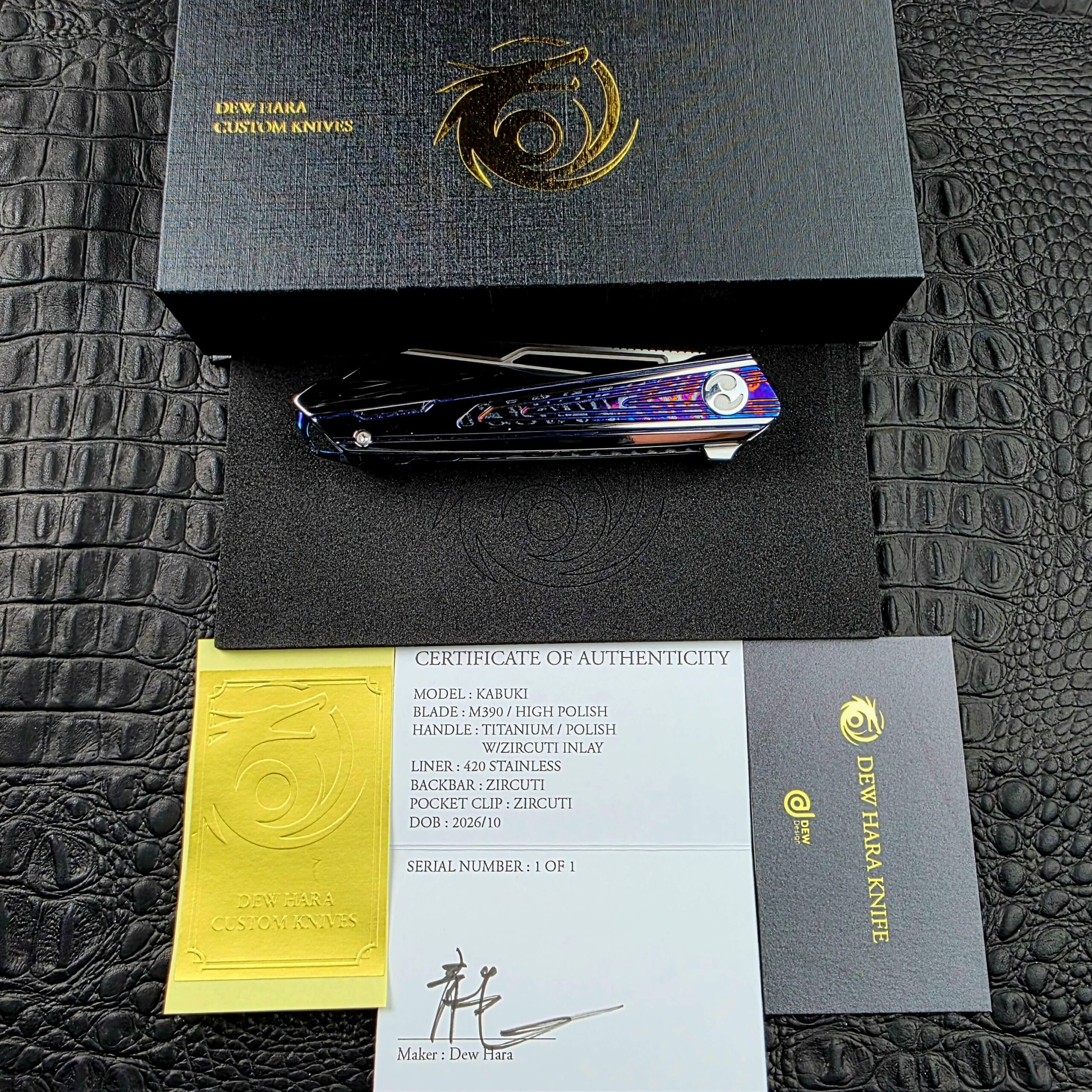 Dew Hara Kabuki with its Dew Hara Custom Knives box, Certificate of Authenticity, gold decal and contact card