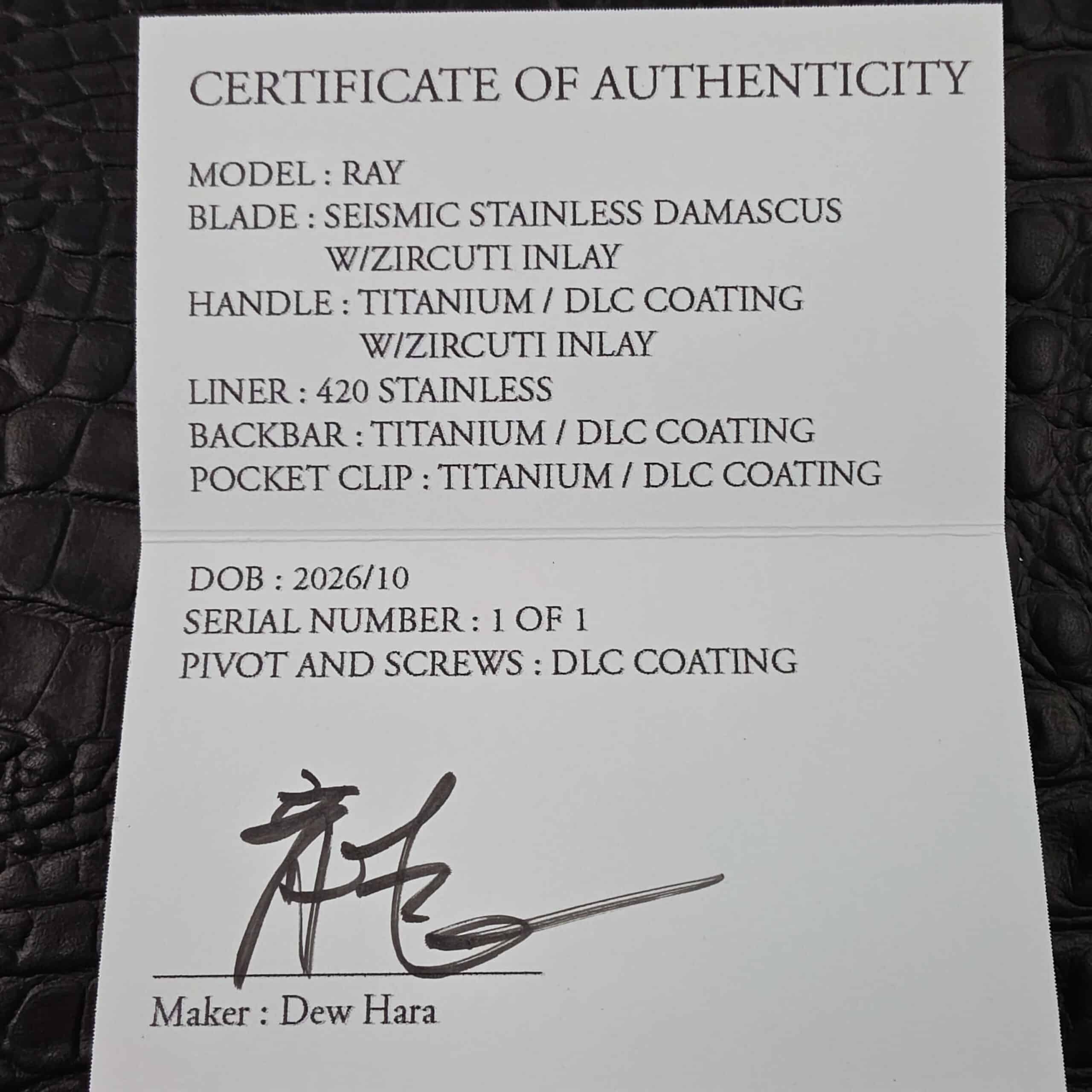 Certificate of Authenticity for the Dew Hara Ray Custom 1 of 1, signed by Dew Hara