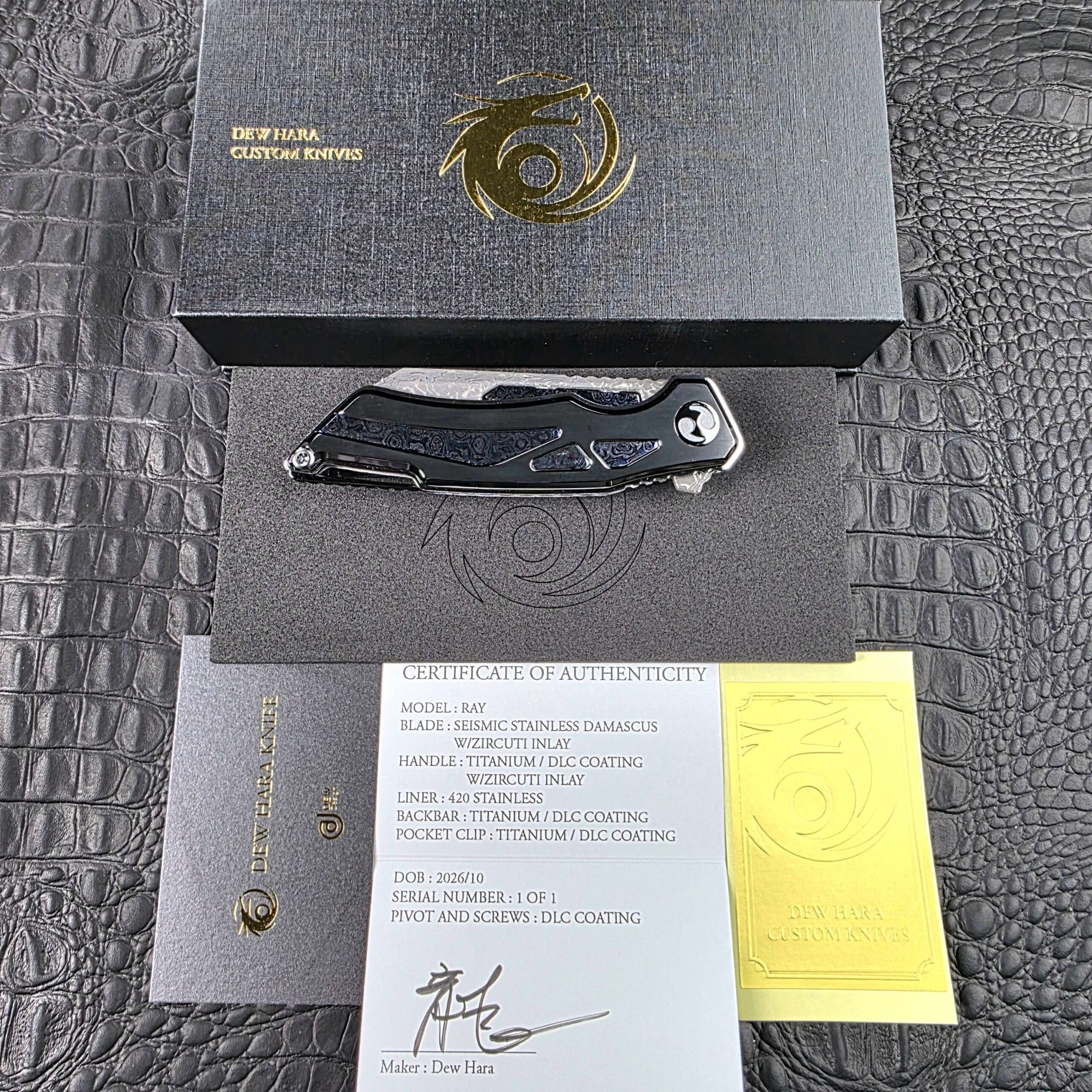 Dew Hara Seismic Damascus Ray Custom 1 of 1 with its Dew Hara box, Certificate of Authenticity, contact card and gold decal