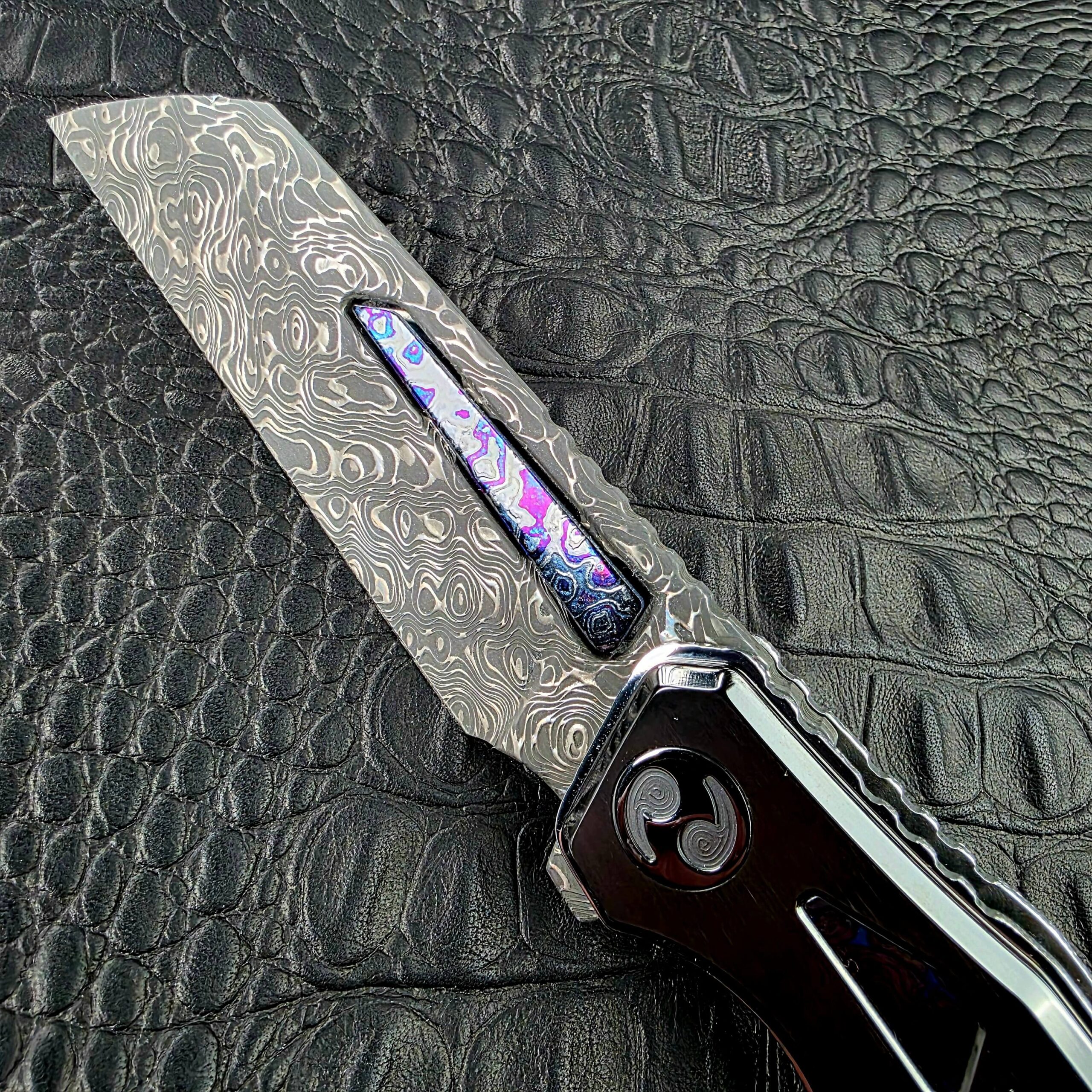 Dew Hara RAY Custom 1 of 1 — Seismic Stainless Damascus, Zircuti Inlaid Fuller, Mirrored DLC Titanium - Image 7