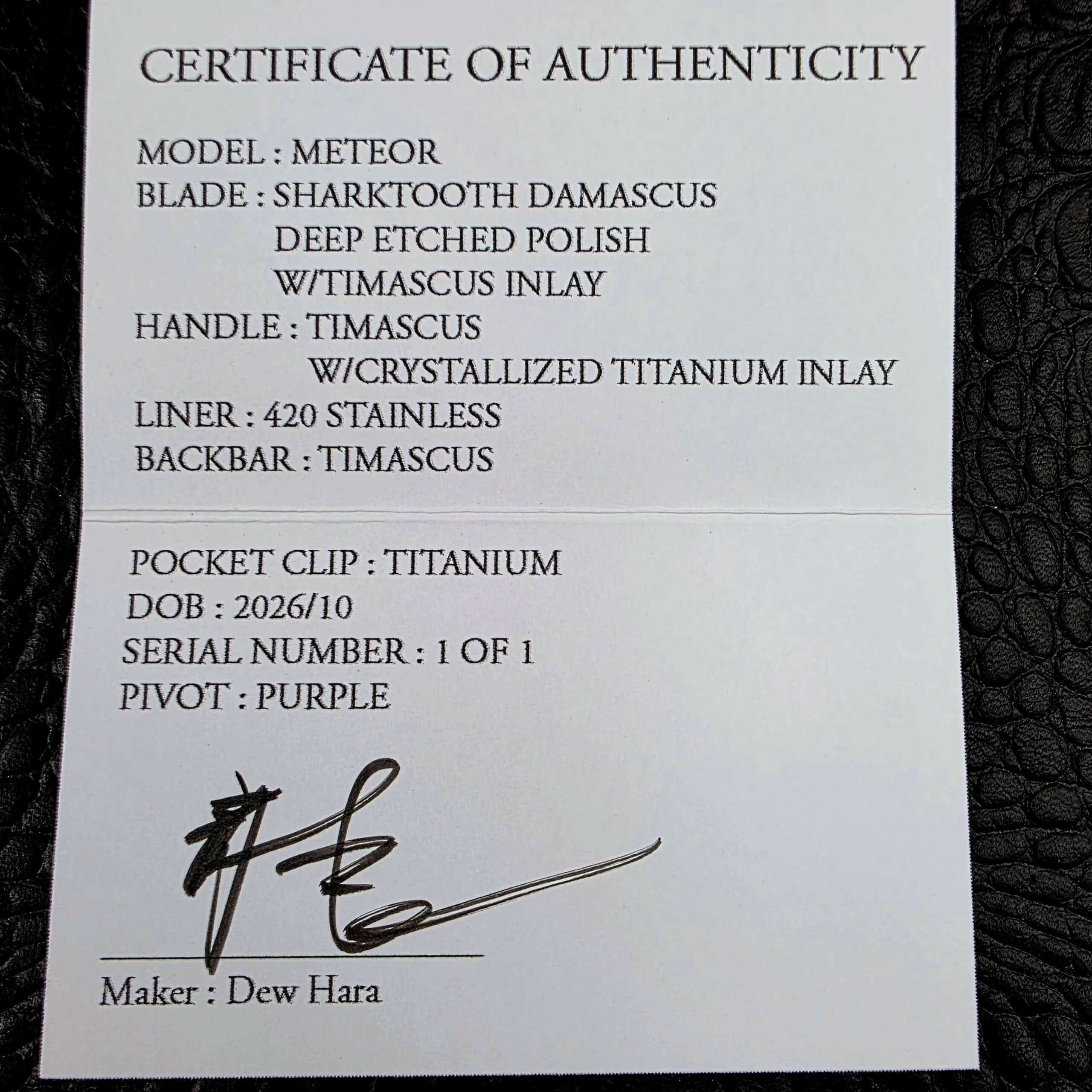 Certificate of Authenticity for the Dew Hara METEOR Custom 1 of 1, signed by Dew Hara