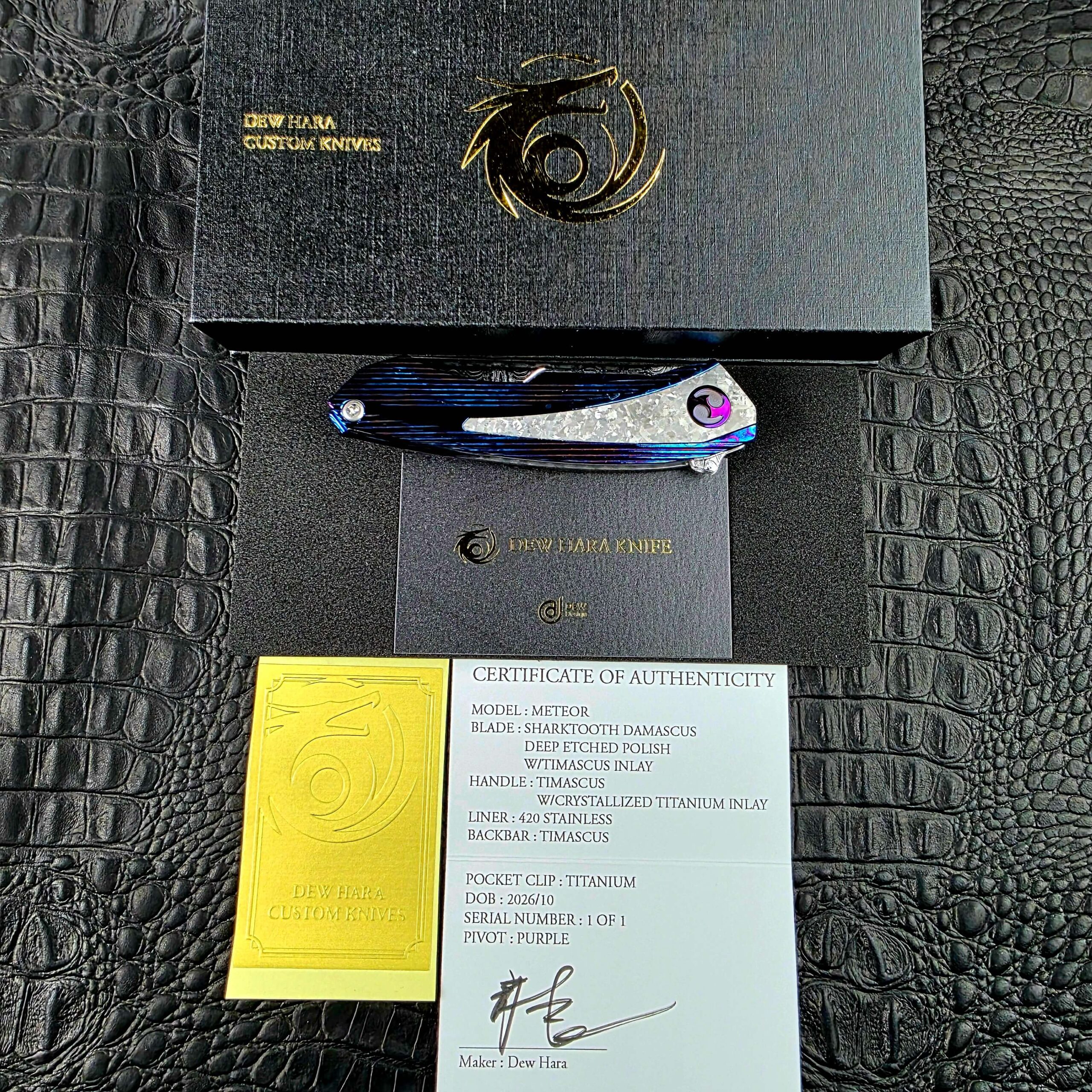 Dew Hara Sharktooth Damascus METEOR Custom 1 of 1 with its Dew Hara box, Certificate of Authenticity, contact card and gold decal