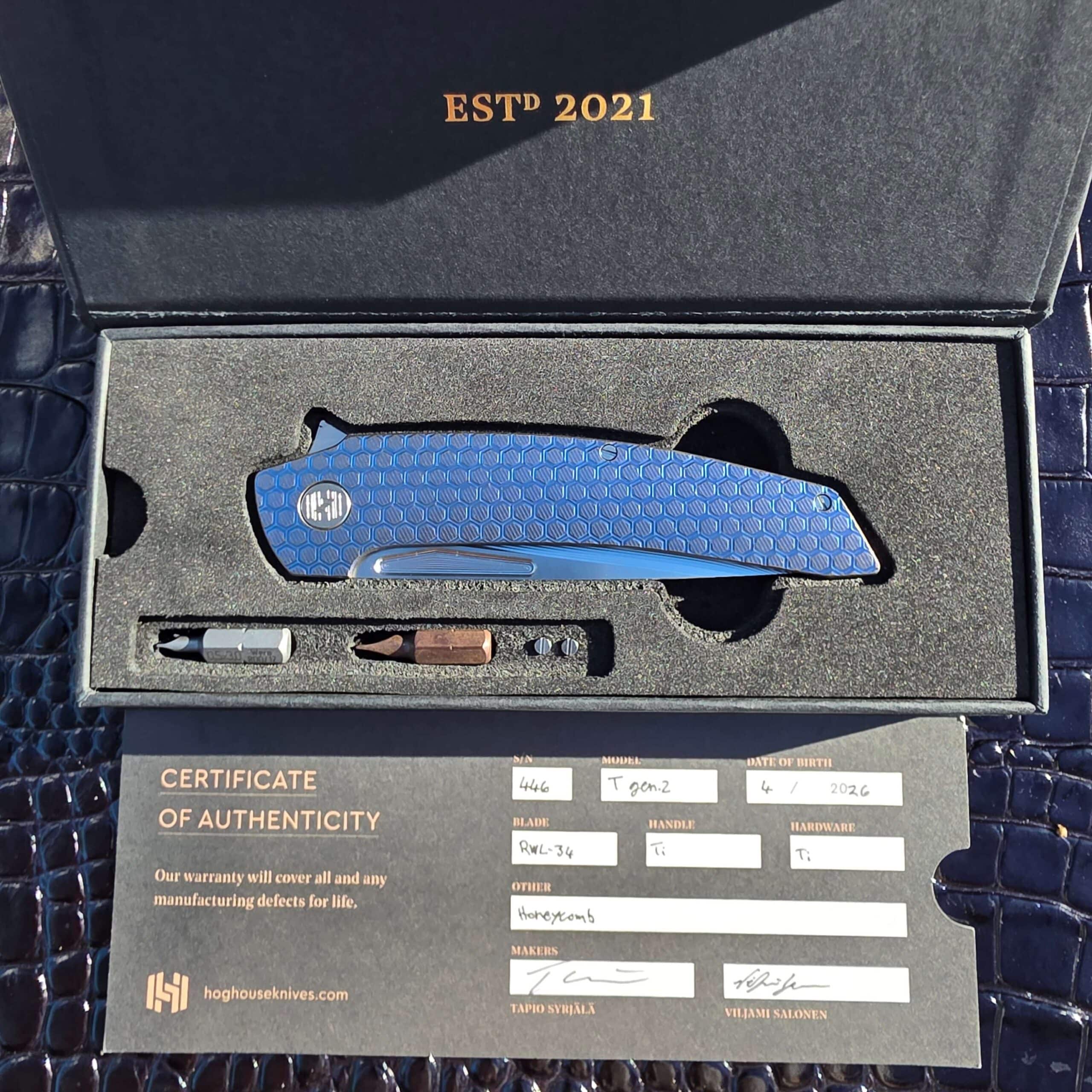 Hog House presentation box with the Model T Gen 2, two driver bits, spare screws and the signed Certificate of Authenticity