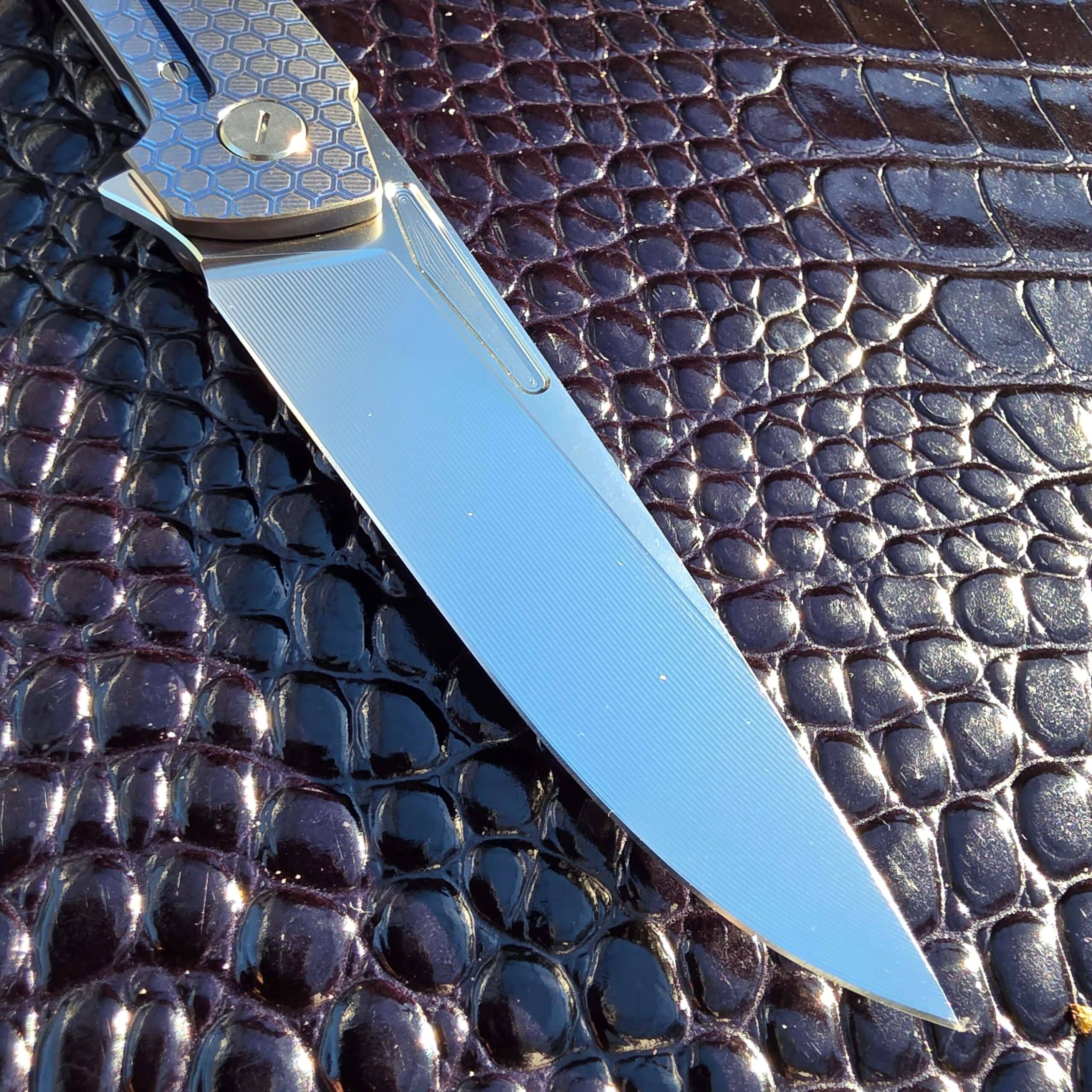 RWL-34 blade of the Hog House Honeycomb photographed from the clip side with the slotted pivot adjustment head