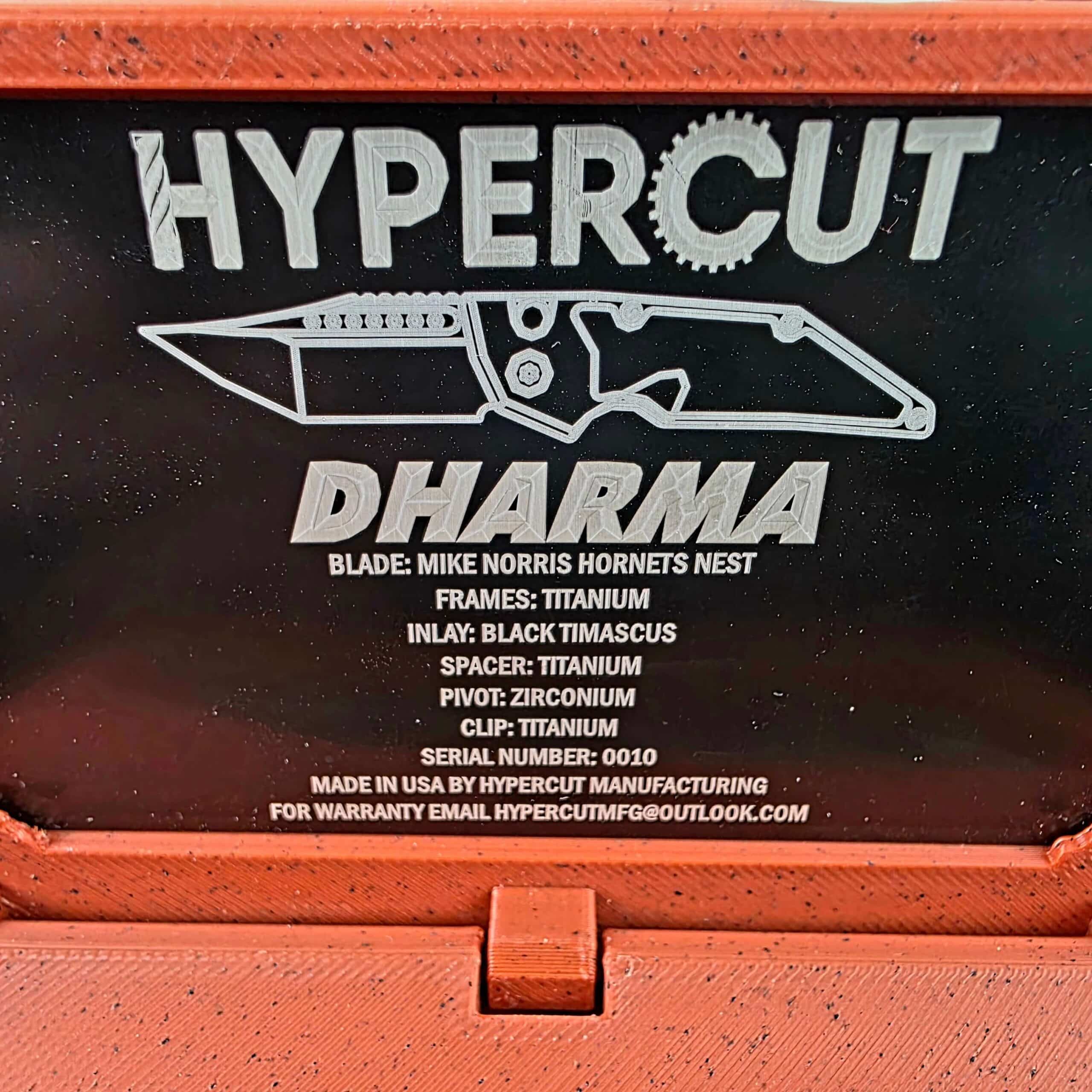 Engraved Hypercut Dharma COA plate listing Mike Norris Hornets Nest, Titanium, Black Timascus, Zirconium and Serial Number 0010