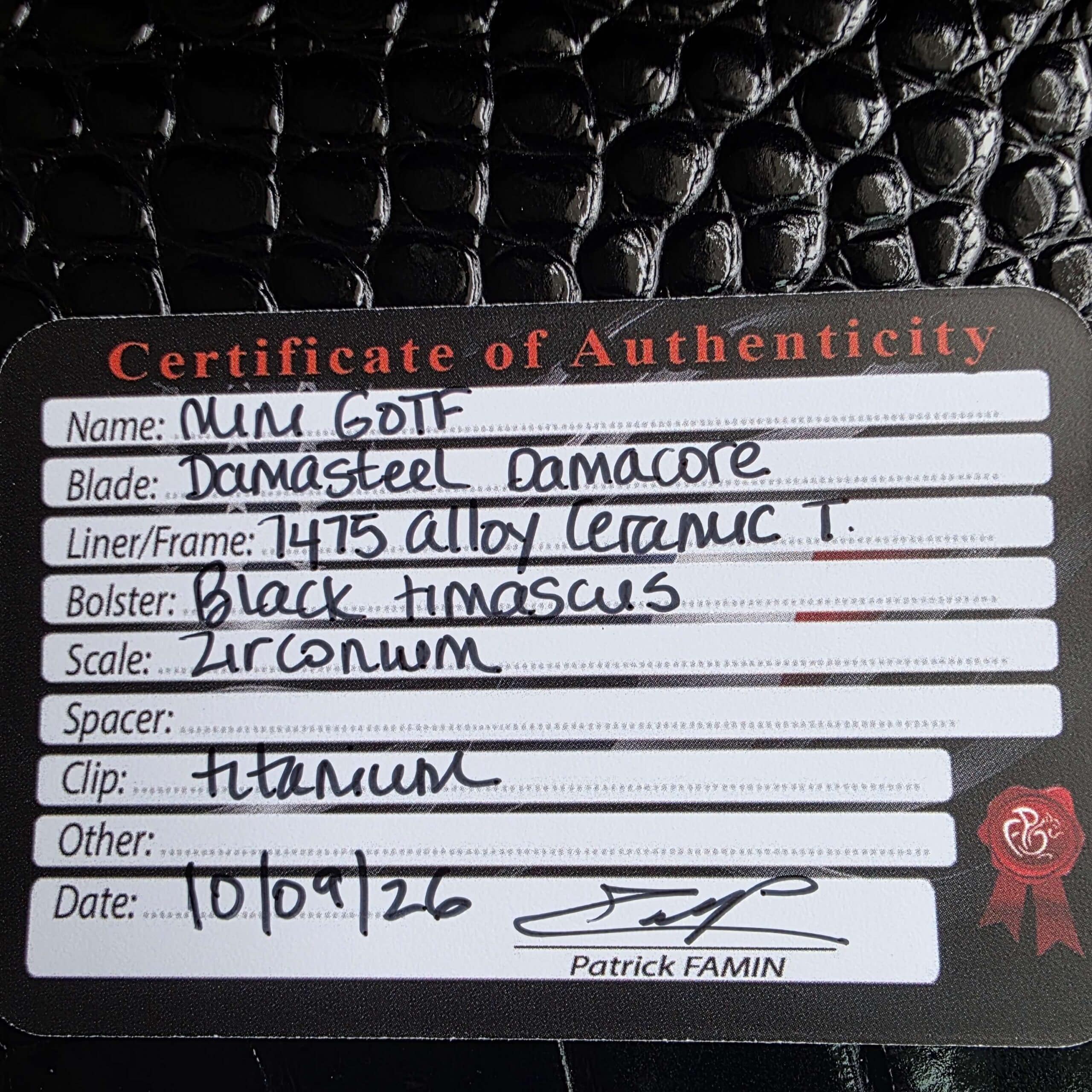 Hand-signed Patrick Famin Certificate of Authenticity listing the materials of the GOTF Mini, dated October 9, 2026