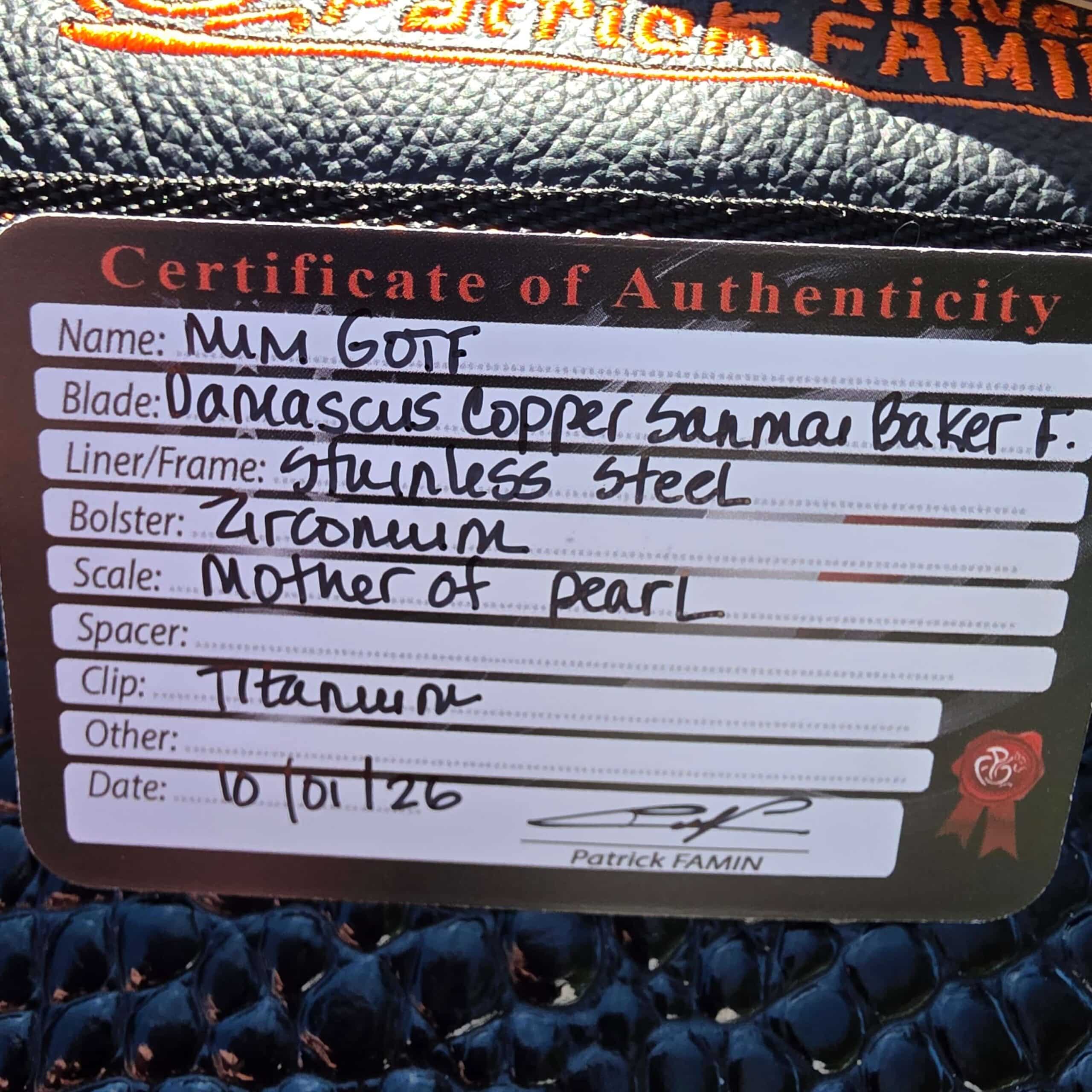 Certificate of authenticity for the Patrick Famin Mother of Pearl G.O.T.F. Mini, hand filled and signed by Patrick Famin, dated October 1 2026