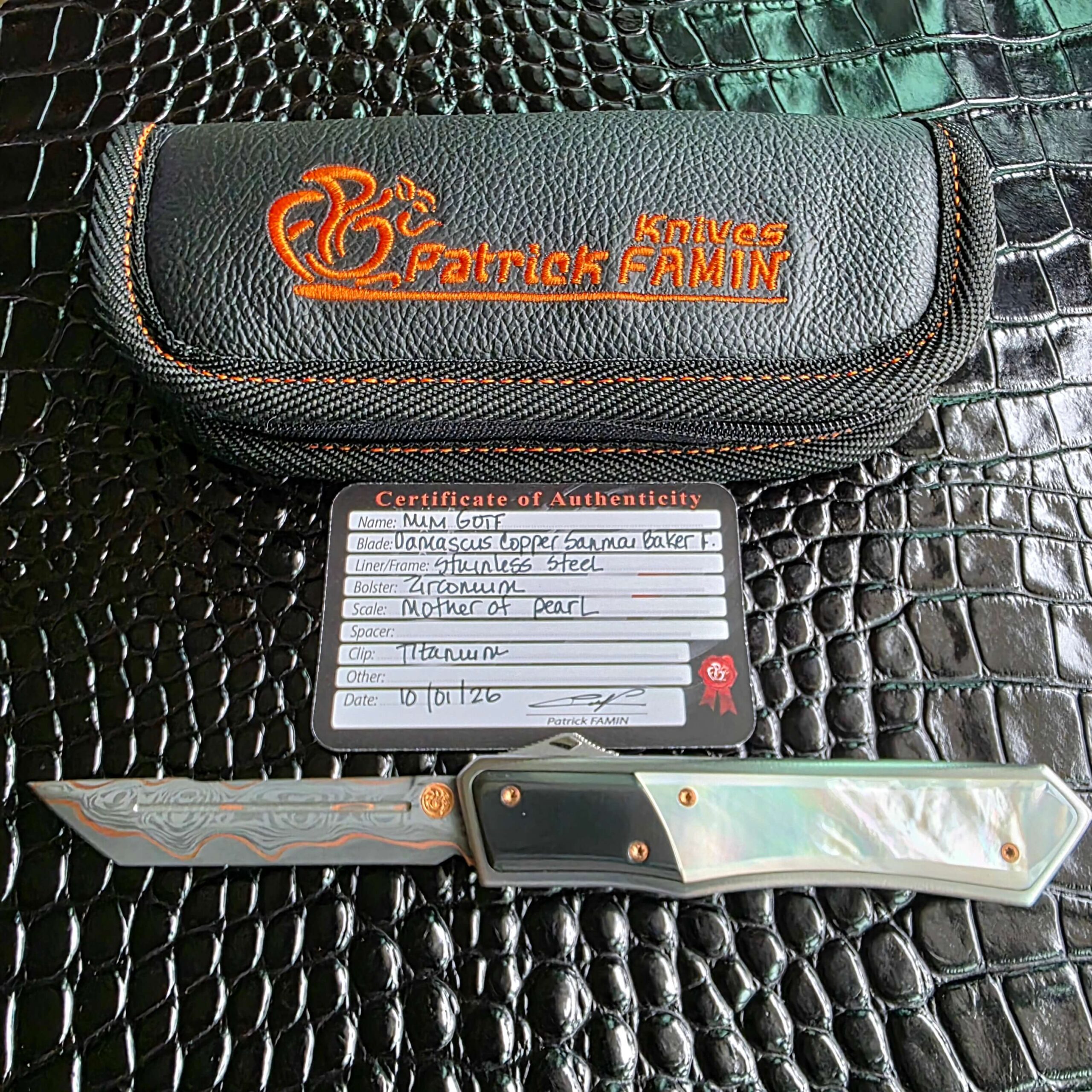 Patrick Famin Mother of Pearl G.O.T.F. Mini with its zippered Patrick Famin Knives pouch and signed certificate of authenticity