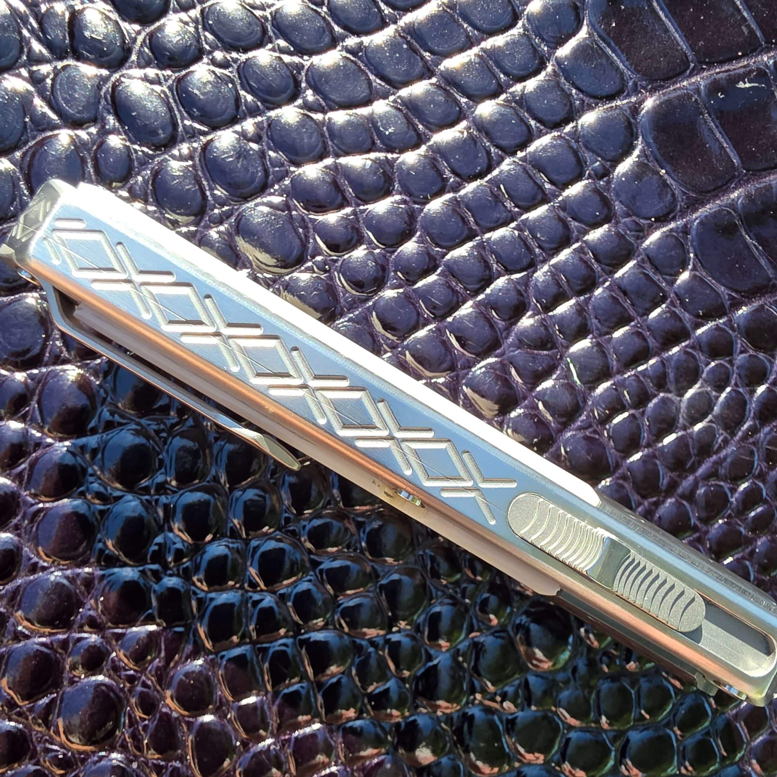 Detail of the milled diamond row cut into the spine of the Patrick Famin Mother of Pearl G.O.T.F. Mini