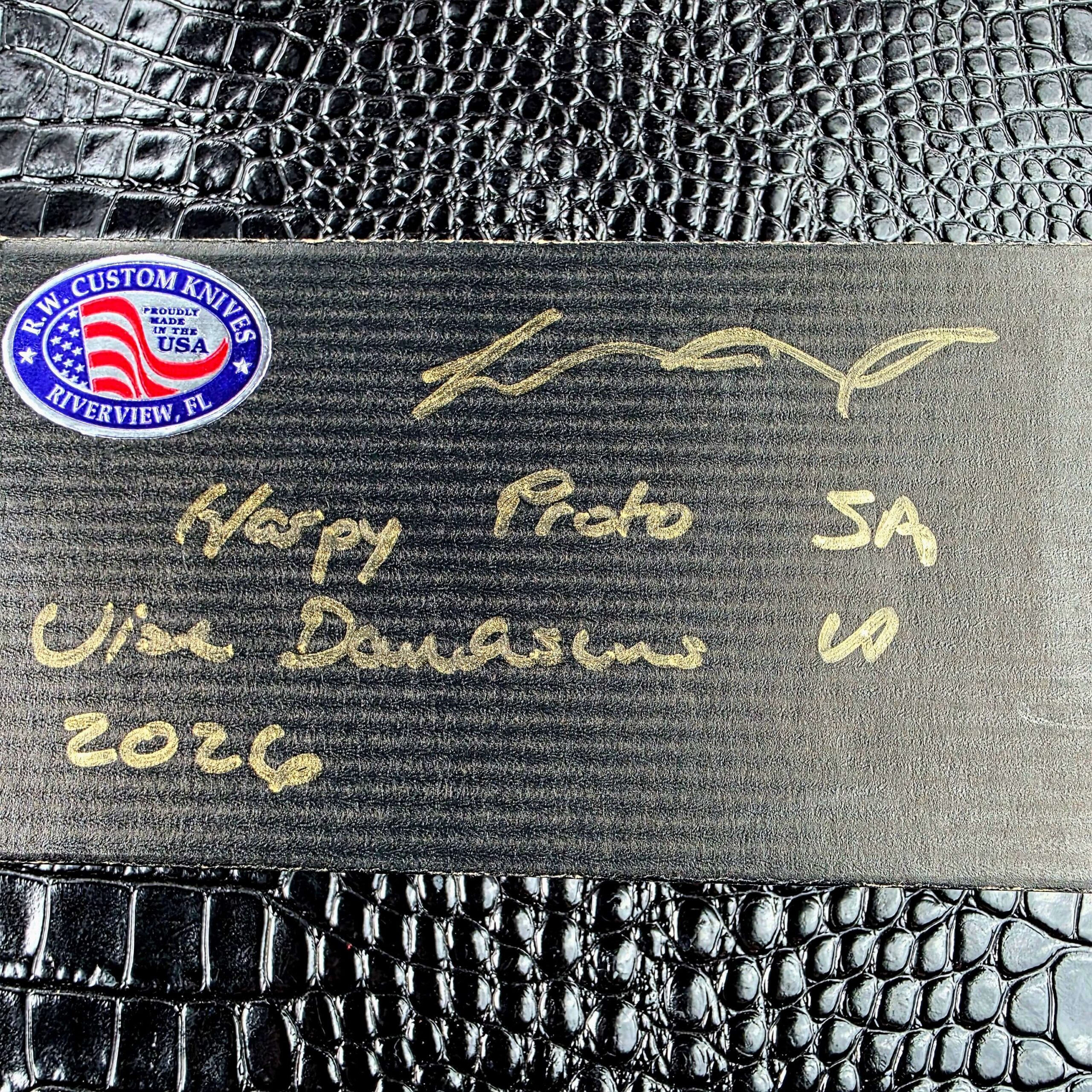 Signed R.W. Custom Knives box lid, handwritten Harpy Proto SA, Vice Damascus, 2026